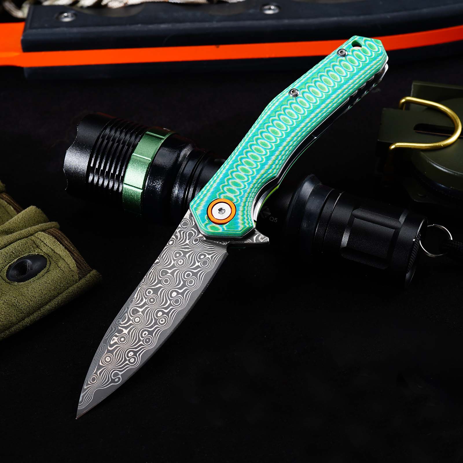 Tunafire Knives Damascus Steel Blade G10 Handle Ball Bearing Flipper Knife Outdoor Hiking Camping Knife GT-DM055