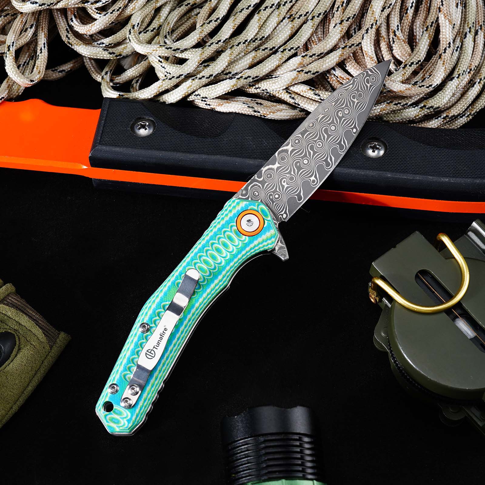 Tunafire Knives Damascus Steel Blade G10 Handle Ball Bearing Flipper Knife Outdoor Hiking Camping Knife GT-DM055