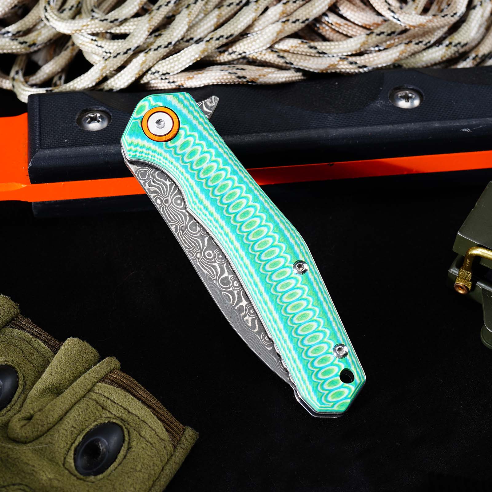 Tunafire Knives Damascus Steel Blade G10 Handle Ball Bearing Flipper Knife Outdoor Hiking Camping Knife GT-DM055