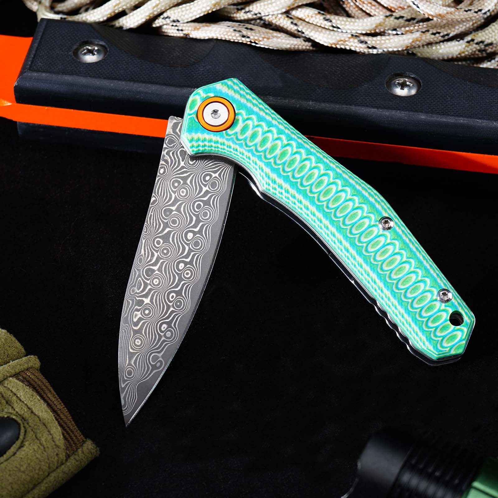Tunafire Knives Damascus Steel Blade G10 Handle Ball Bearing Flipper Knife Outdoor Hiking Camping Knife GT-DM055