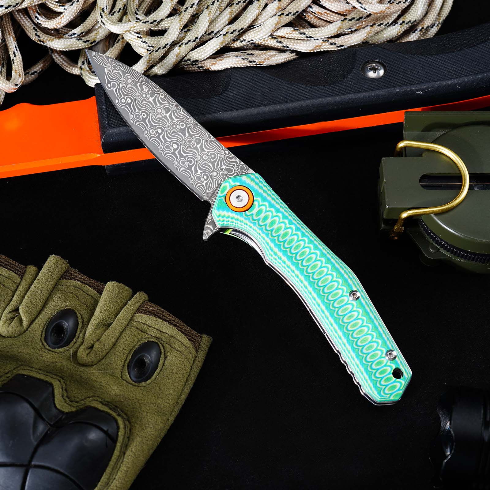 Tunafire Knives Damascus Steel Blade G10 Handle Ball Bearing Flipper Knife Outdoor Hiking Camping Knife GT-DM055