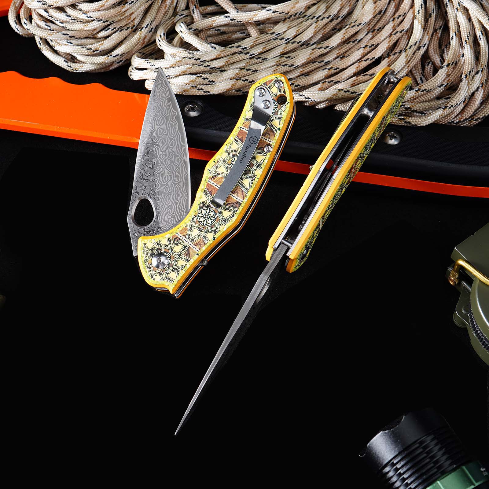 Tunafire Knives GT-DM034 Flipper Folding Knife 3.11" Damascus Steel blade 3D printed aluminum handle Camping Hiking Knife