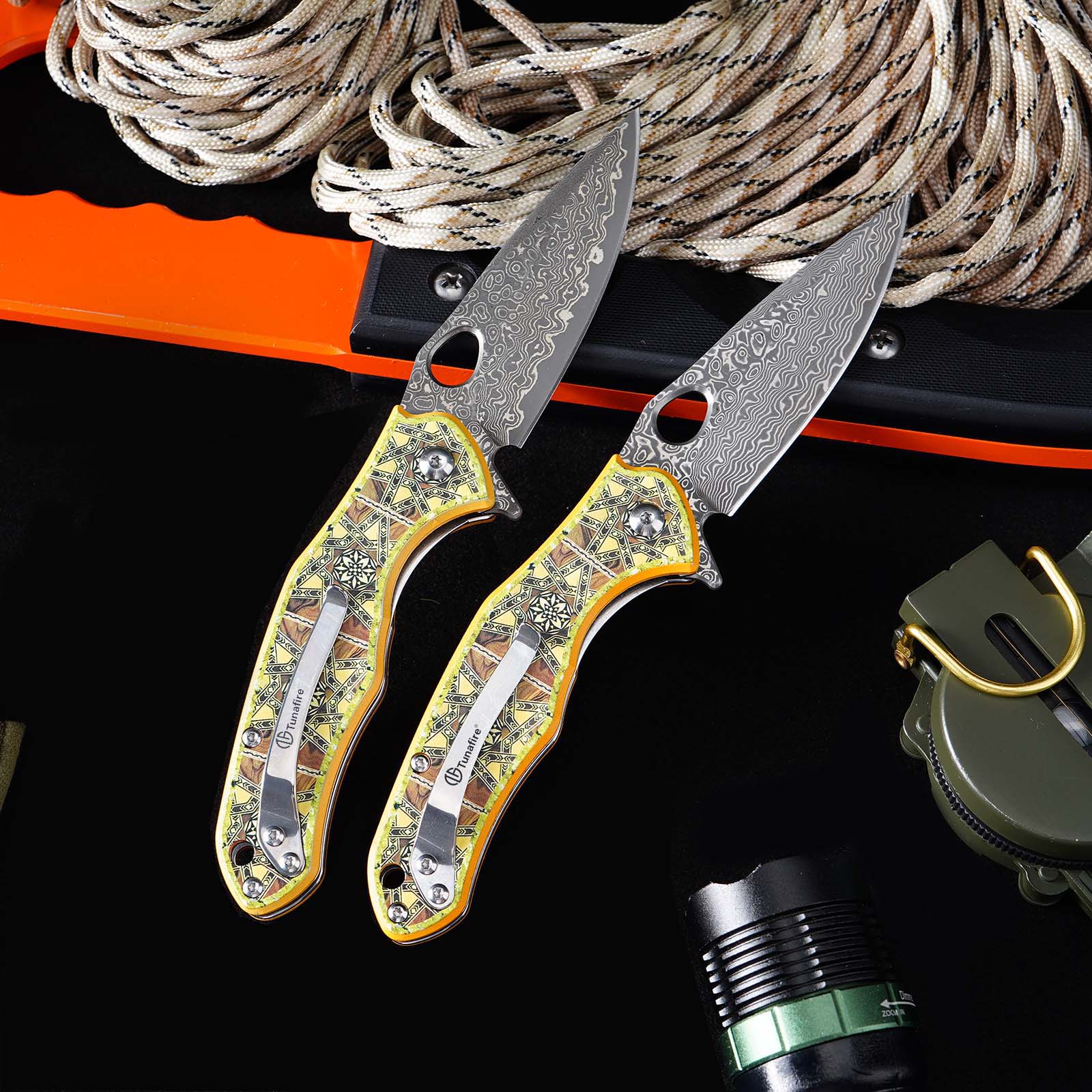 Tunafire Knives GT-DM034 Flipper Folding Knife 3.11" Damascus Steel blade 3D printed aluminum handle Camping Hiking Knife