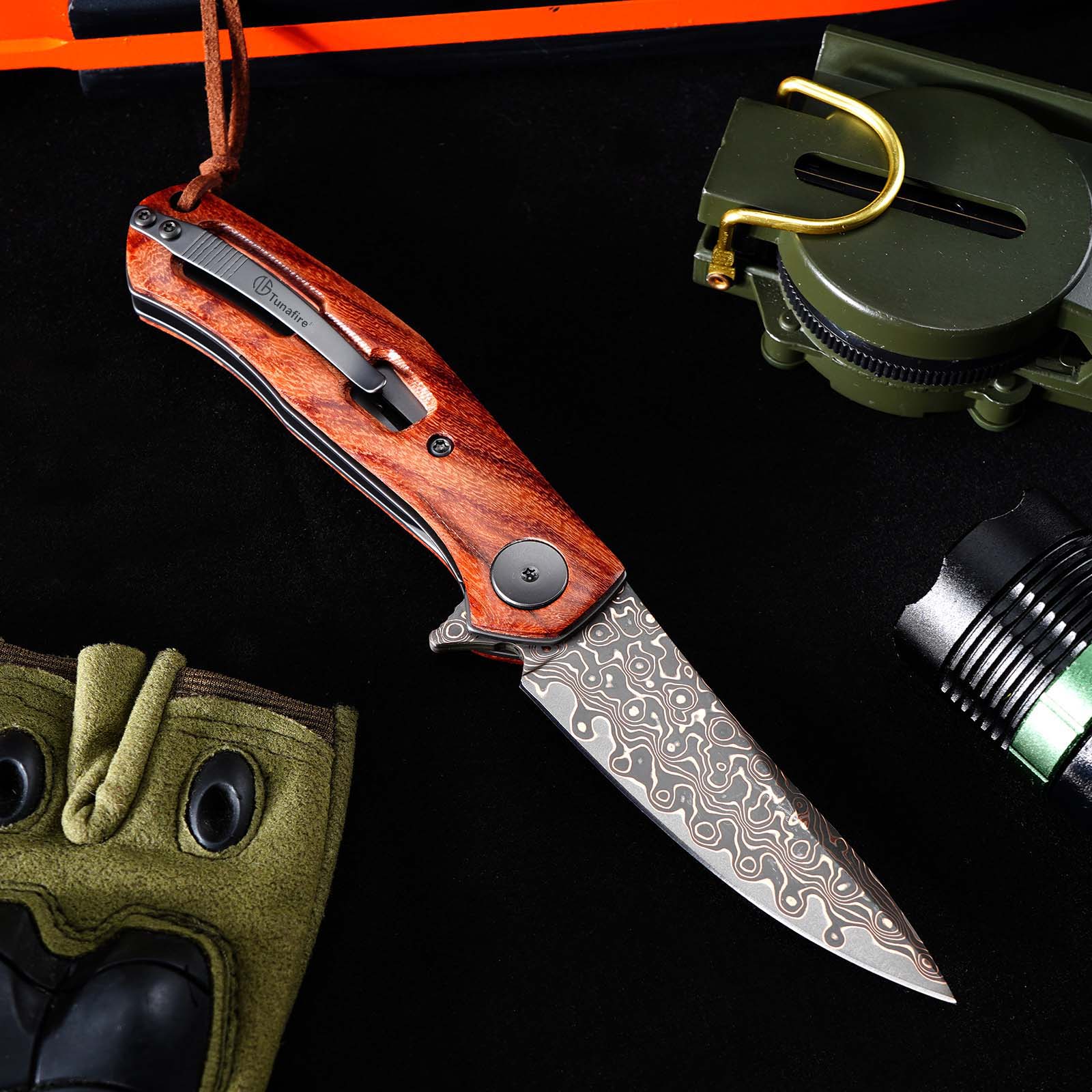 Tunafire GT‑K4020‑3 Folding Knife, Brass Damascus VG10 Steel Core, Yellow Sandalwood Handle, Ball Bearing EDC Pocket Knife