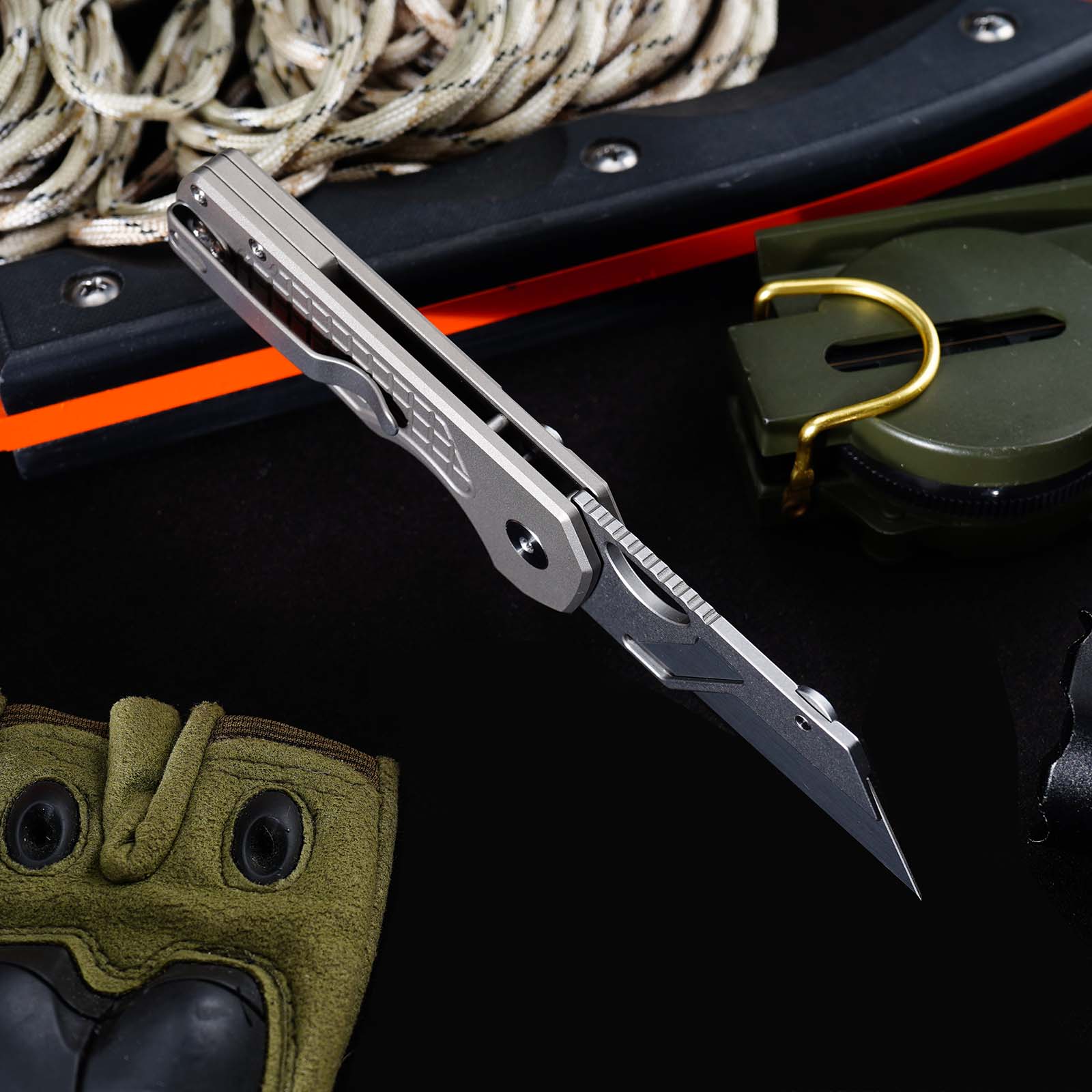 Tunafire MGD-1 Portable Foldable Multi-functional Cutting Knife, Carbon steel detachable blade, Titanium alloy rear clip EDC knife