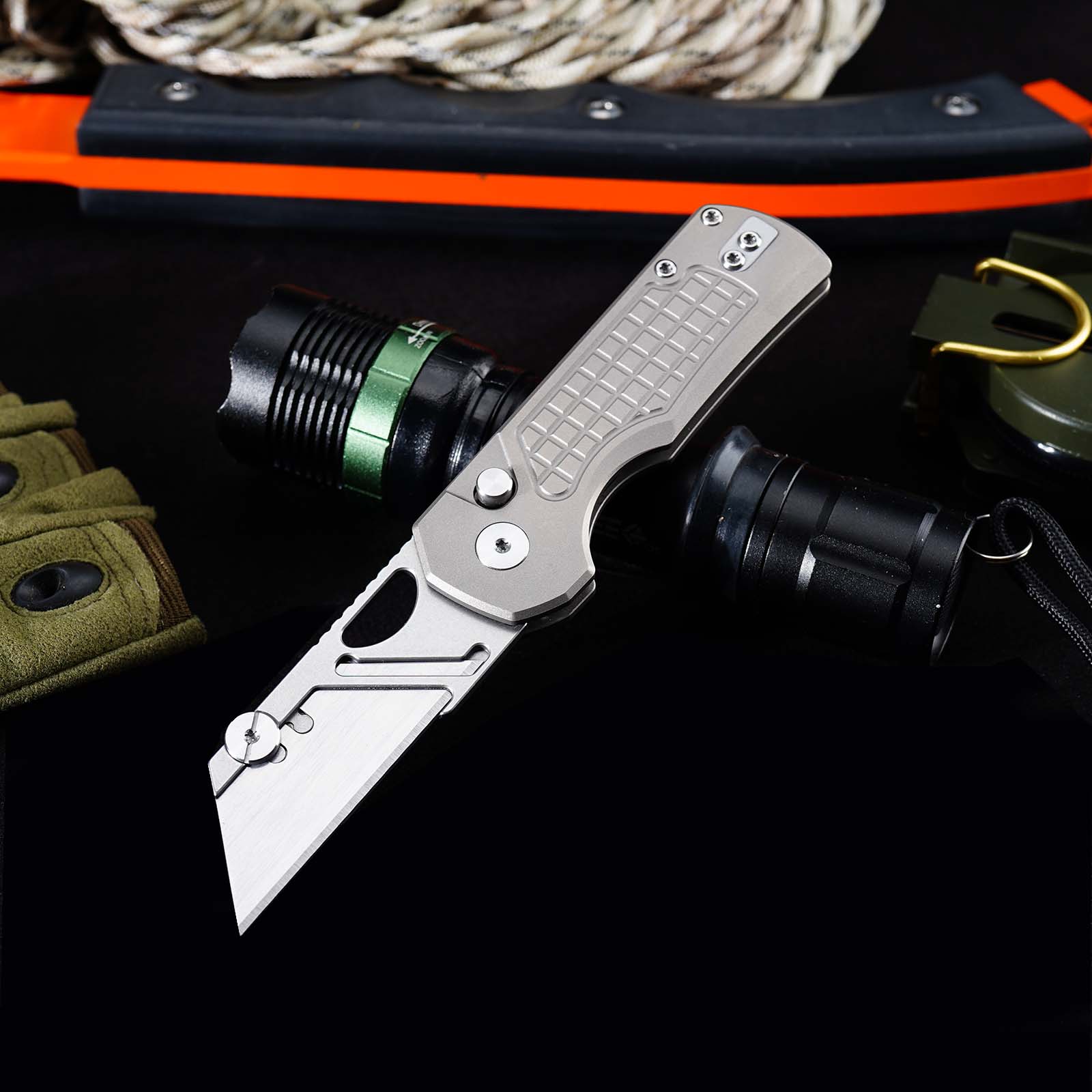 Tunafire MGD-1 Portable Foldable Multi-functional Cutting Knife, Carbon steel detachable blade, Titanium alloy rear clip EDC knife