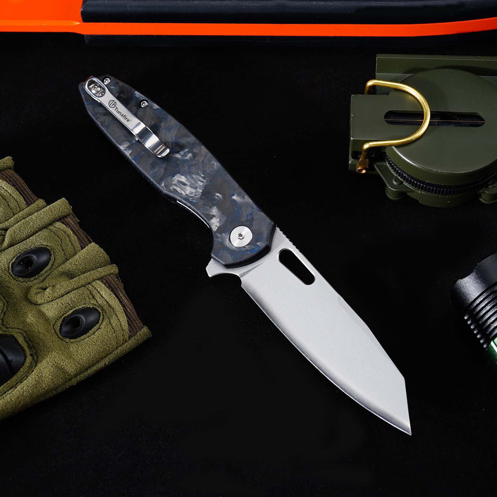 Tunafire GT-T0044-6 Knife 60HRC High Hardness Triple Steel Folding Knife Blue Carbon Fiber Button Lock EDC Knife