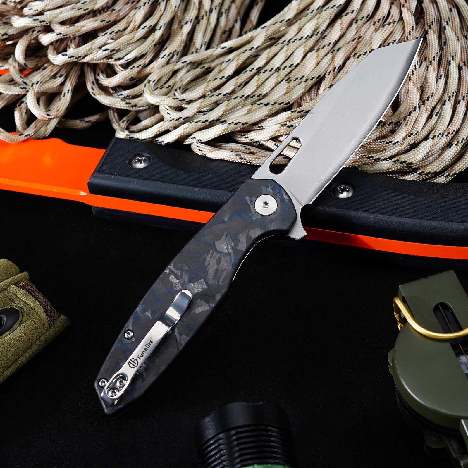 Tunafire GT-T0044-6 Knife 60HRC High Hardness Triple Steel Folding Knife Blue Carbon Fiber Button Lock EDC Knife
