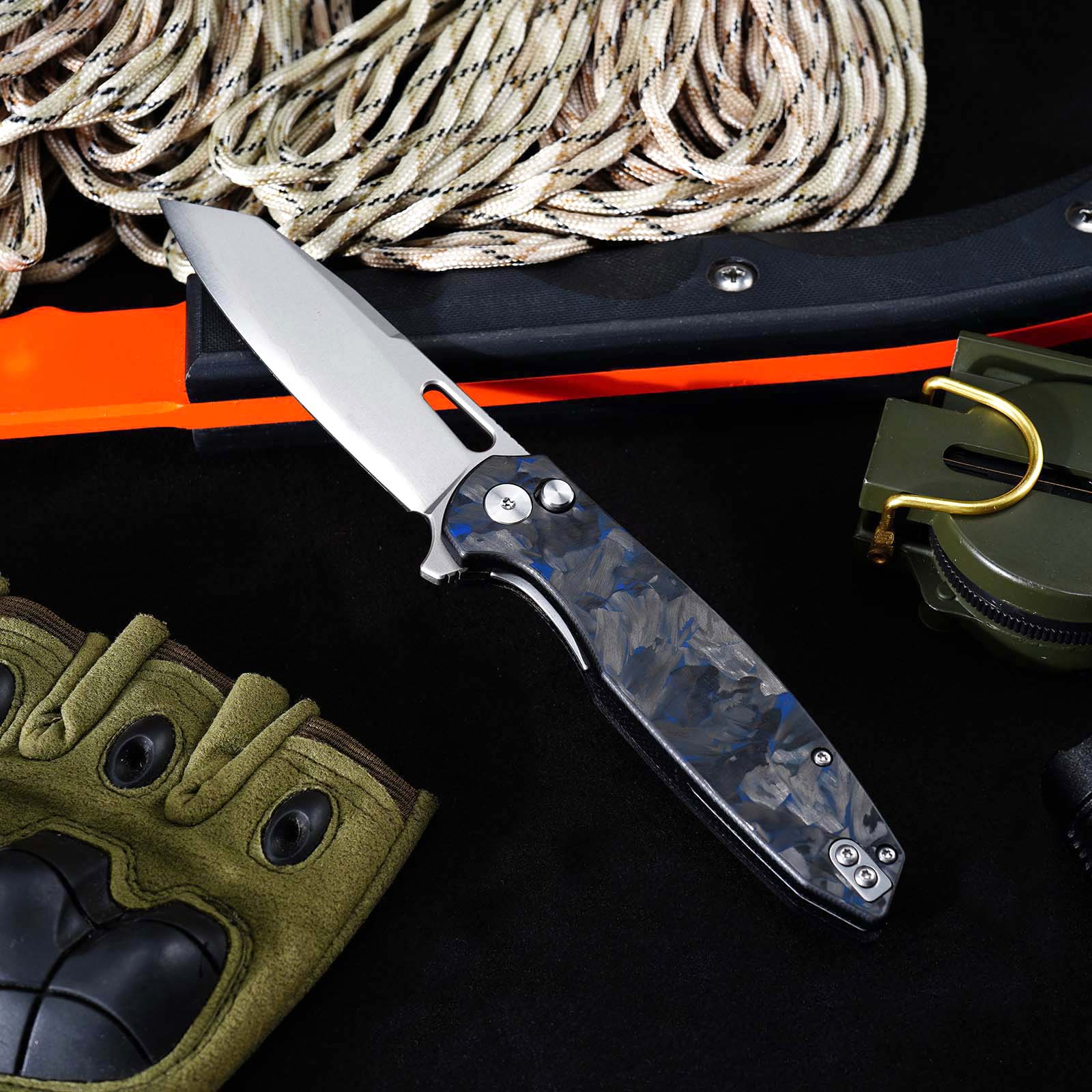 Tunafire GT-T0044-6 Knife 60HRC High Hardness Triple Steel Folding Knife Blue Carbon Fiber Button Lock EDC Knife