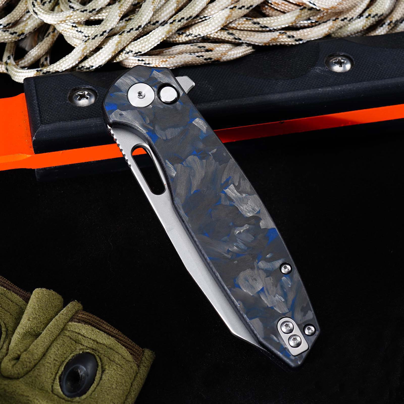 Tunafire GT-T0044-6 Knife 60HRC High Hardness Triple Steel Folding Knife Blue Carbon Fiber Button Lock EDC Knife