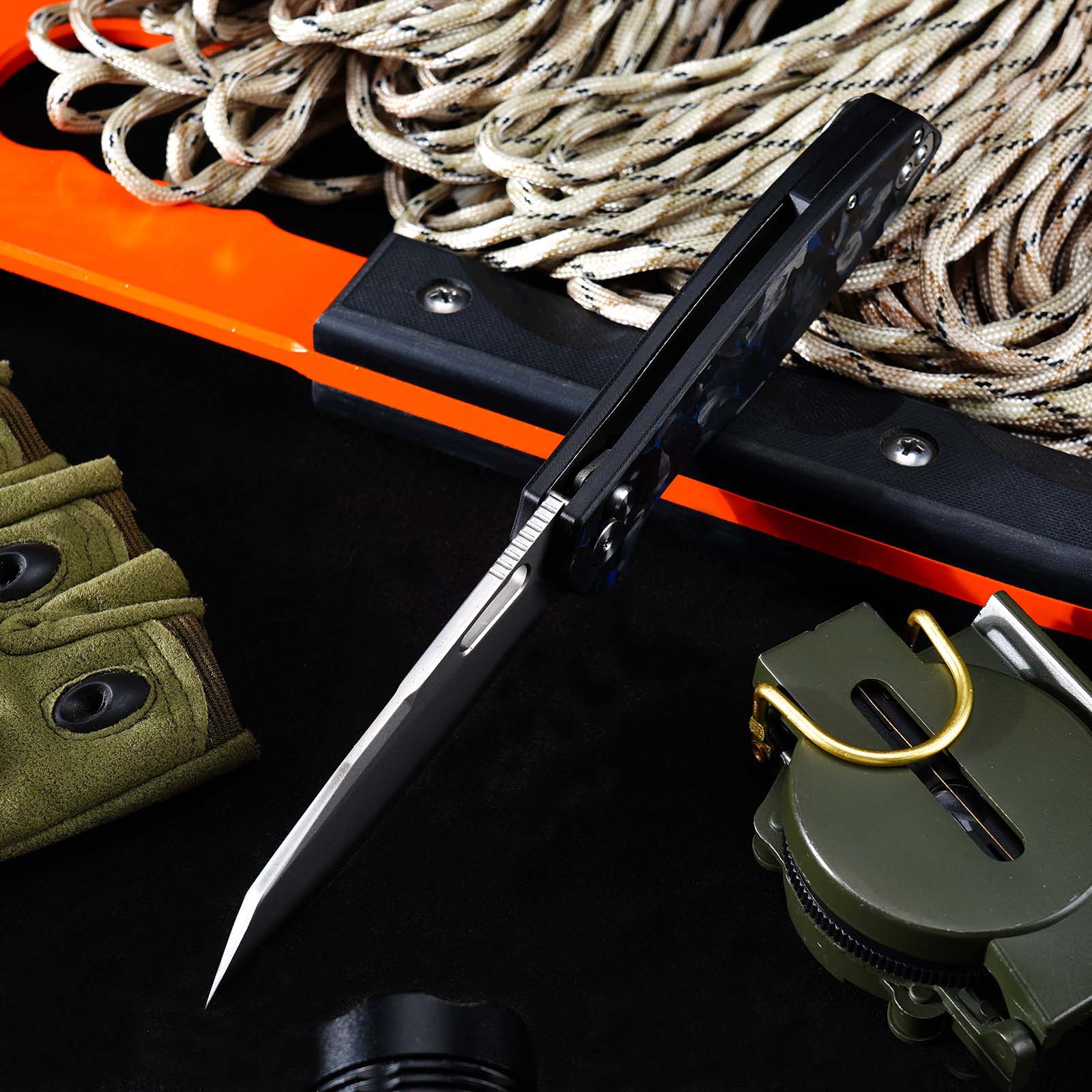 Tunafire GT-T0044-6 Knife 60HRC High Hardness Triple Steel Folding Knife Blue Carbon Fiber Button Lock EDC Knife