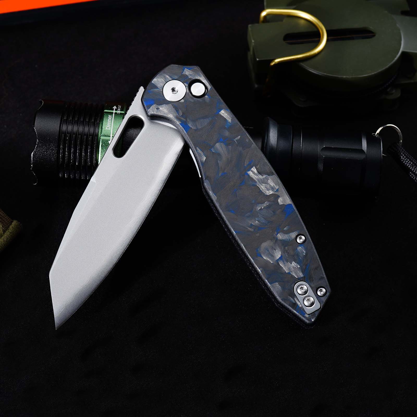 Tunafire GT-T0044-6 Knife 60HRC High Hardness Triple Steel Folding Knife Blue Carbon Fiber Button Lock EDC Knife