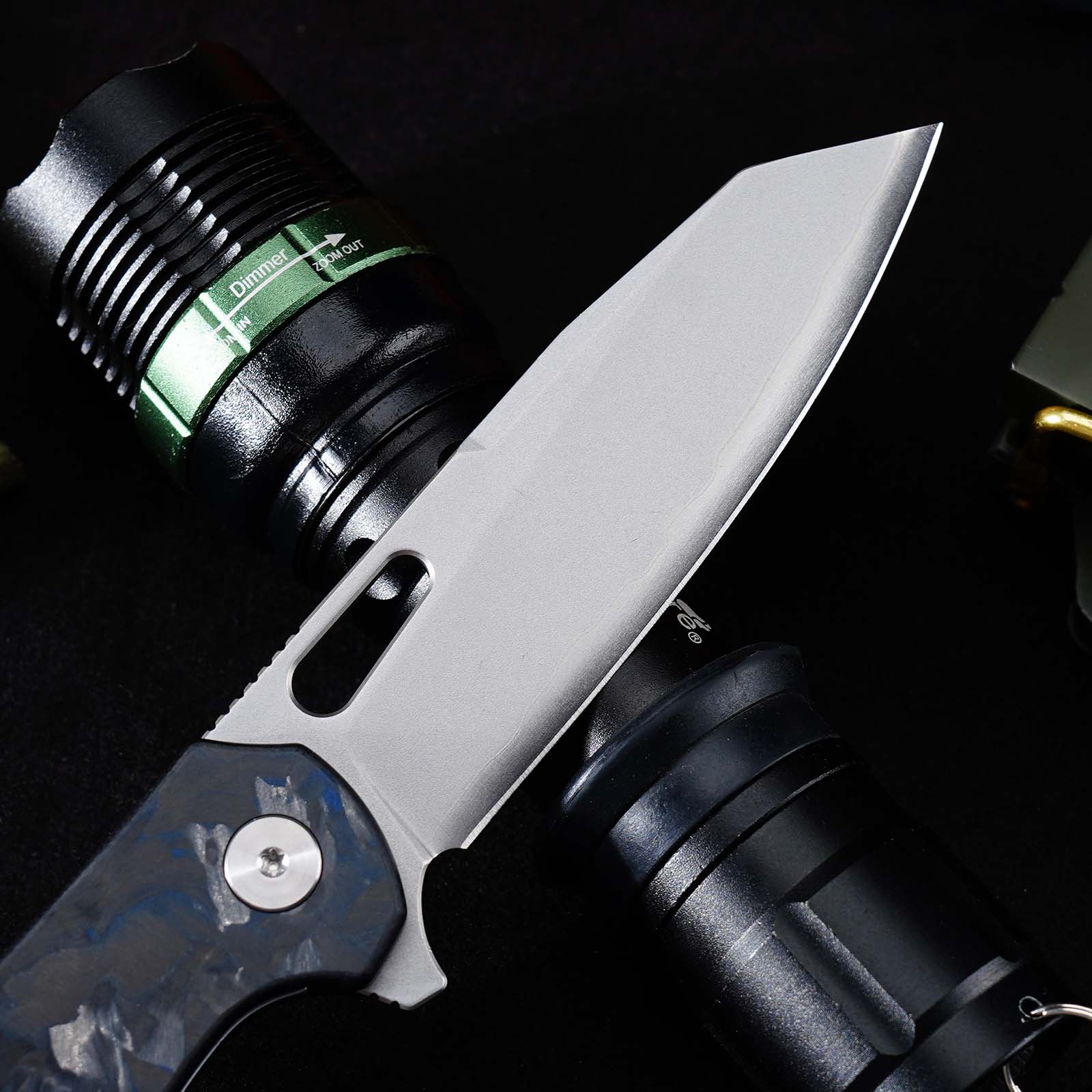 Tunafire GT-T0044-6 Knife 60HRC High Hardness Triple Steel Folding Knife Blue Carbon Fiber Button Lock EDC Knife