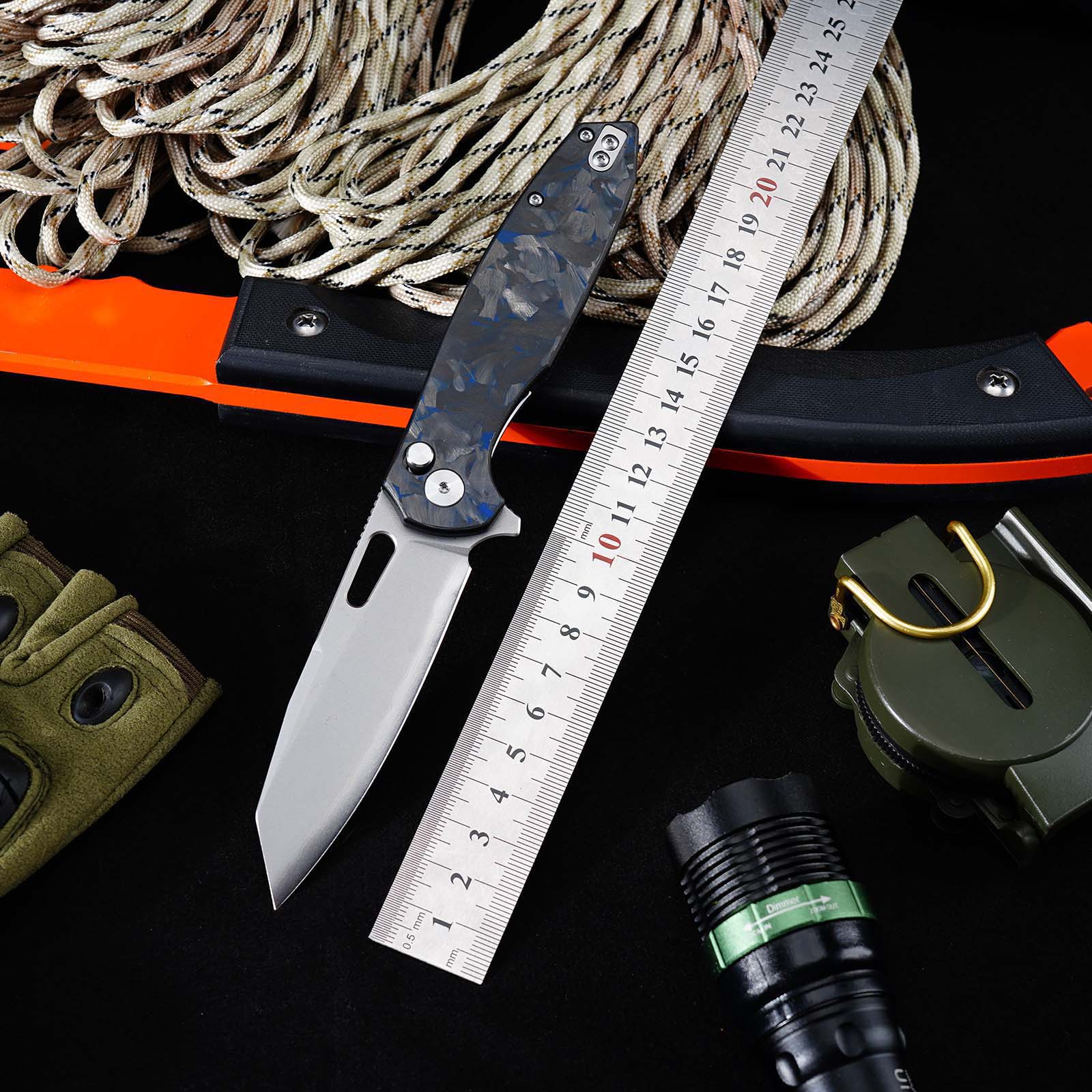 Tunafire GT-T0044-6 Knife 60HRC High Hardness Triple Steel Folding Knife Blue Carbon Fiber Button Lock EDC Knife