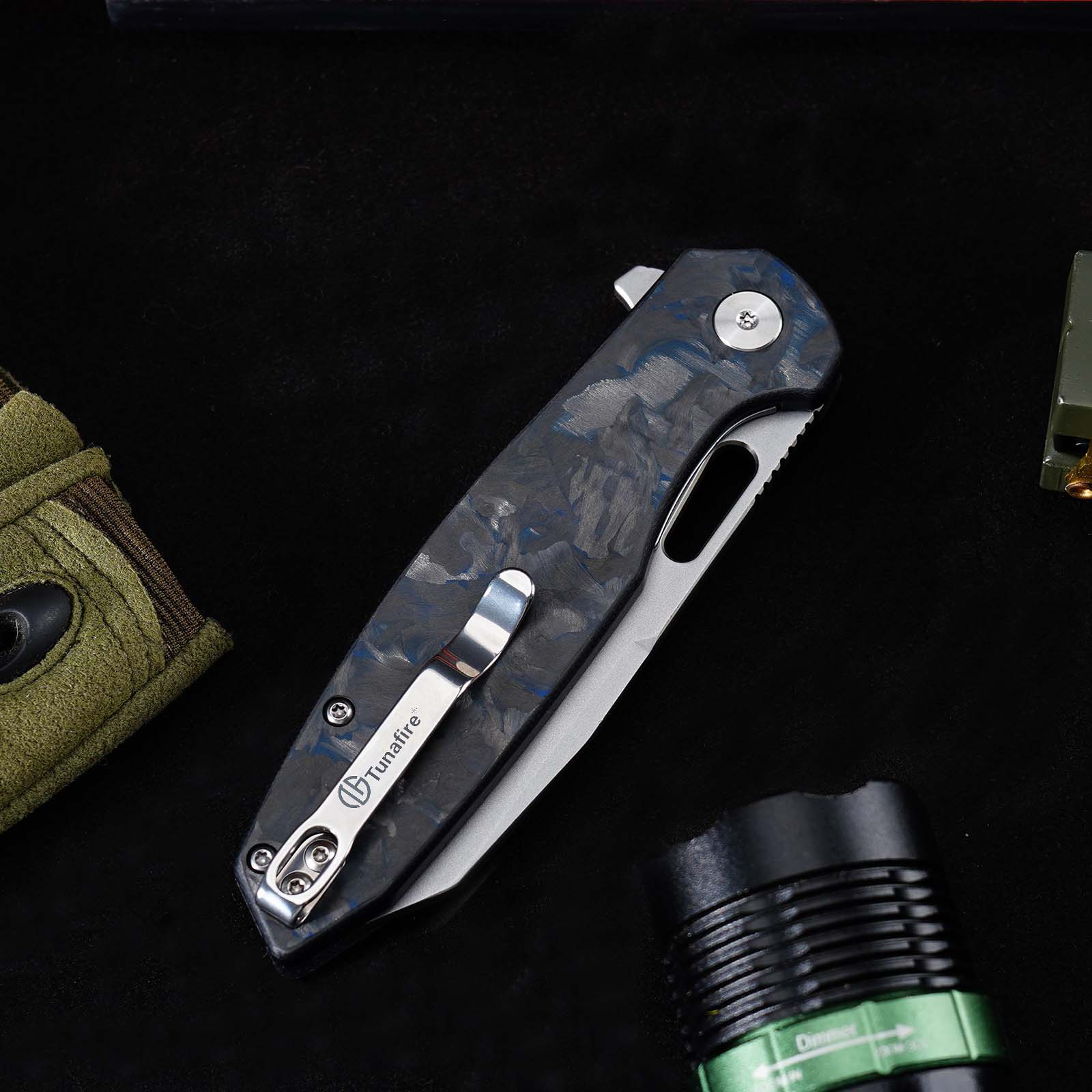 Tunafire GT-T0044-6 Knife 60HRC High Hardness Triple Steel Folding Knife Blue Carbon Fiber Button Lock EDC Knife