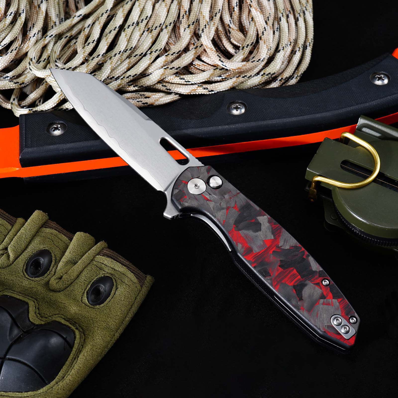 Tunafire GT-T0044-6 Button Lock Folding Knife 60HRC Triple steel Blade Red Carbon fiber Handle EDC Tools