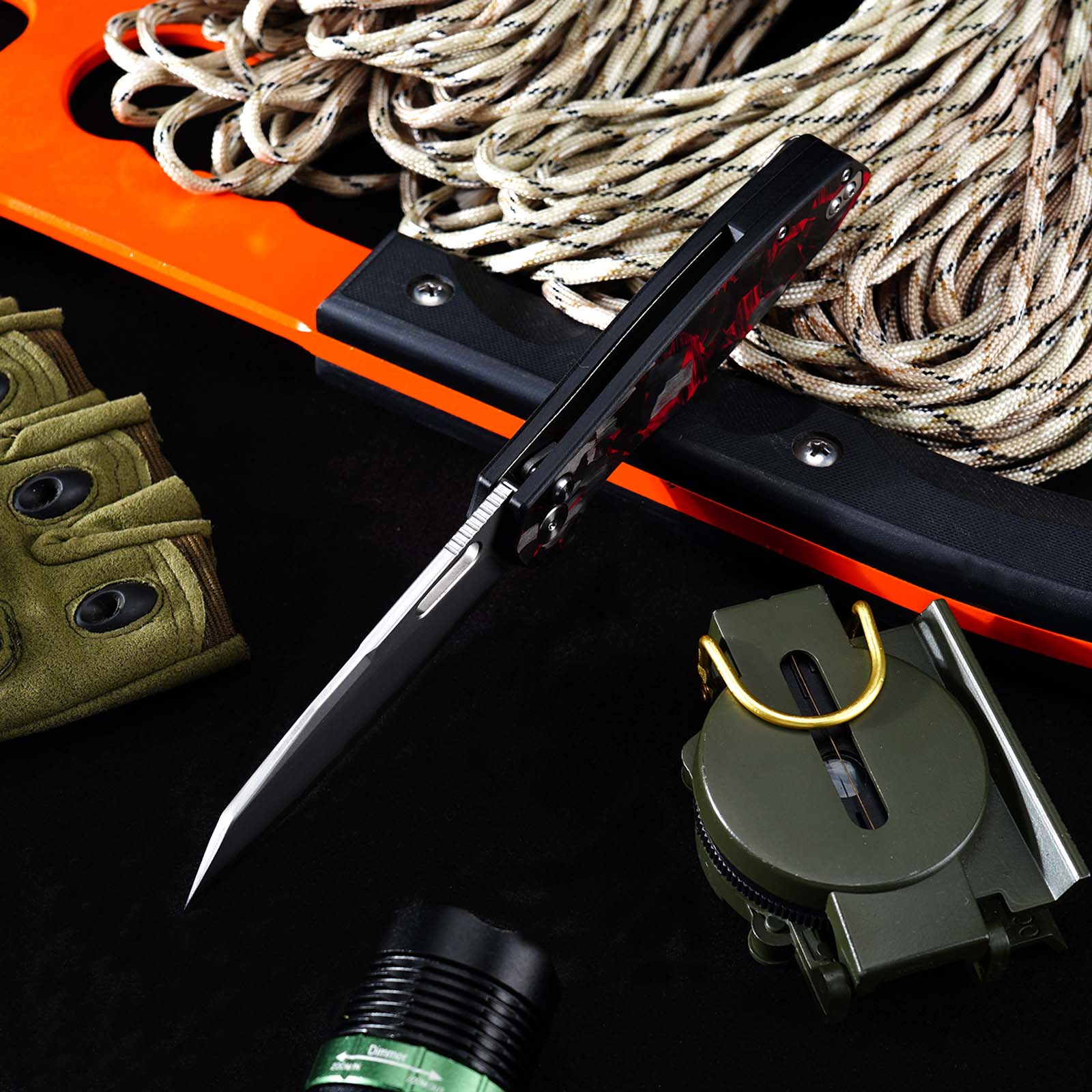 Tunafire GT-T0044-6 Button Lock Folding Knife 60HRC Triple steel Blade Red Carbon fiber Handle EDC Tools