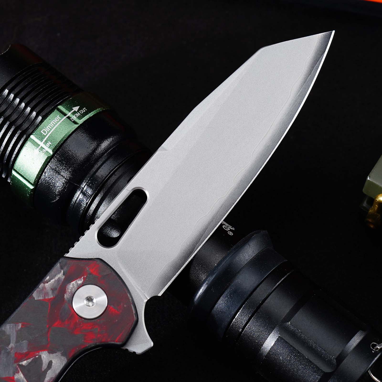 Tunafire GT-T0044-6 Button Lock Folding Knife 60HRC Triple steel Blade Red Carbon fiber Handle EDC Tools