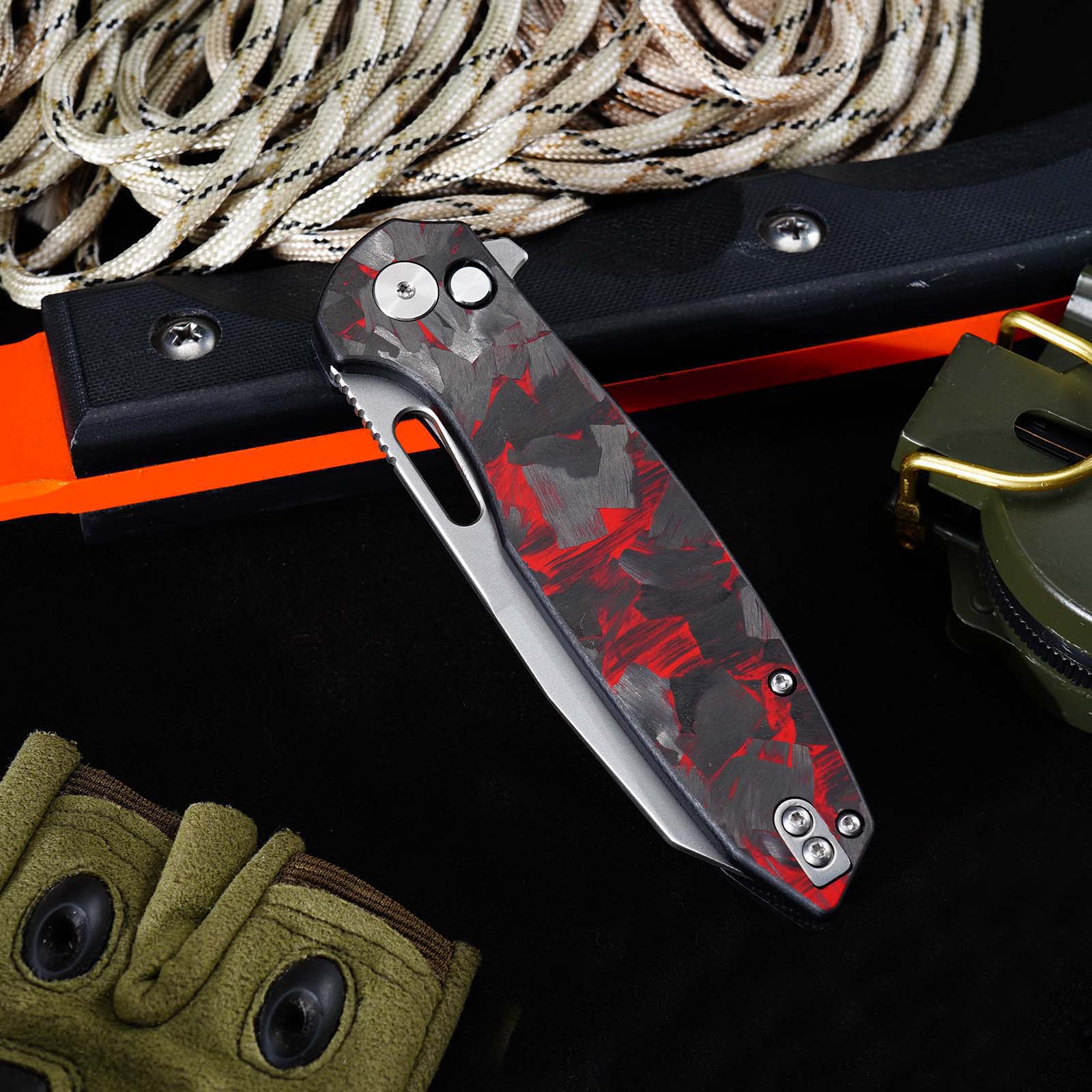 Tunafire GT-T0044-6 Button Lock Folding Knife 60HRC Triple steel Blade Red Carbon fiber Handle EDC Tools