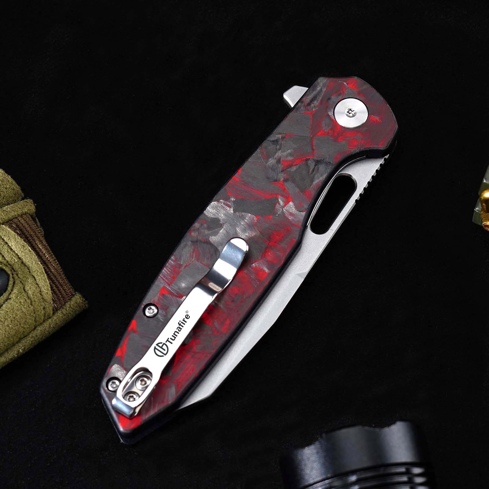 Tunafire GT-T0044-6 Button Lock Folding Knife 60HRC Triple steel Blade Red Carbon fiber Handle EDC Tools