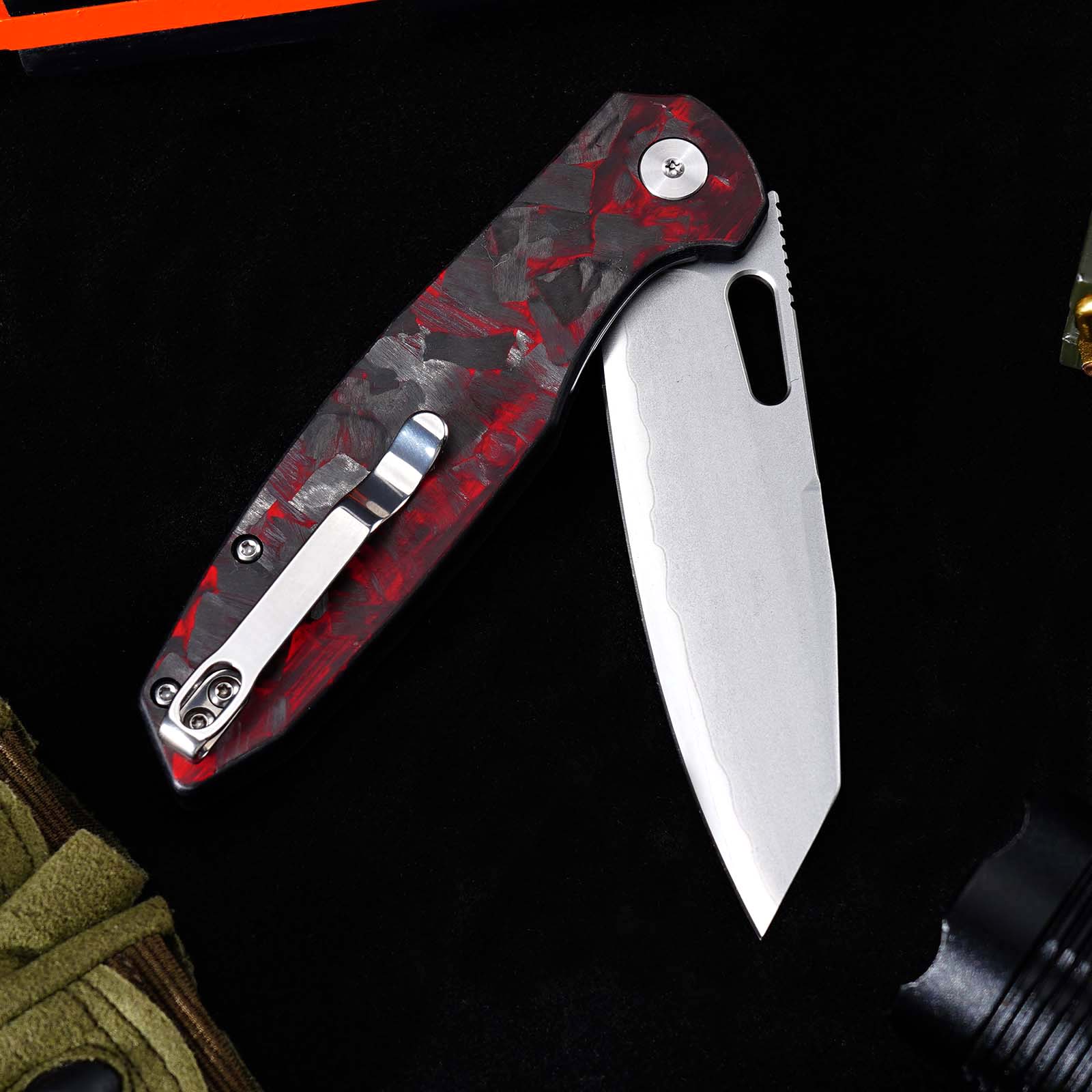 Tunafire GT-T0044-6 Button Lock Folding Knife 60HRC Triple steel Blade Red Carbon fiber Handle EDC Tools