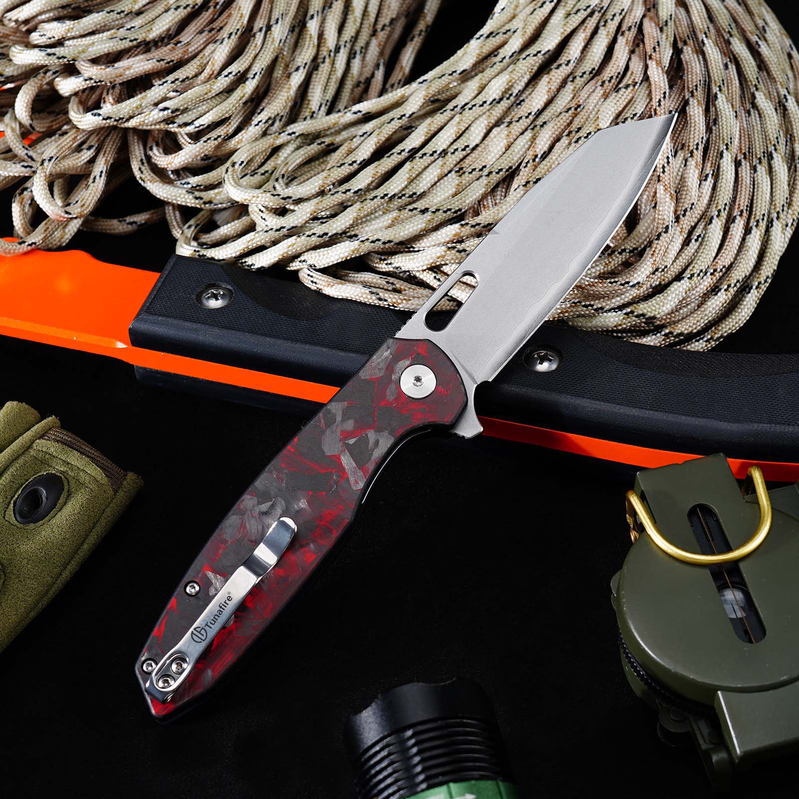 Tunafire GT-T0044-6 Button Lock Folding Knife 60HRC Triple steel Blade Red Carbon fiber Handle EDC Tools