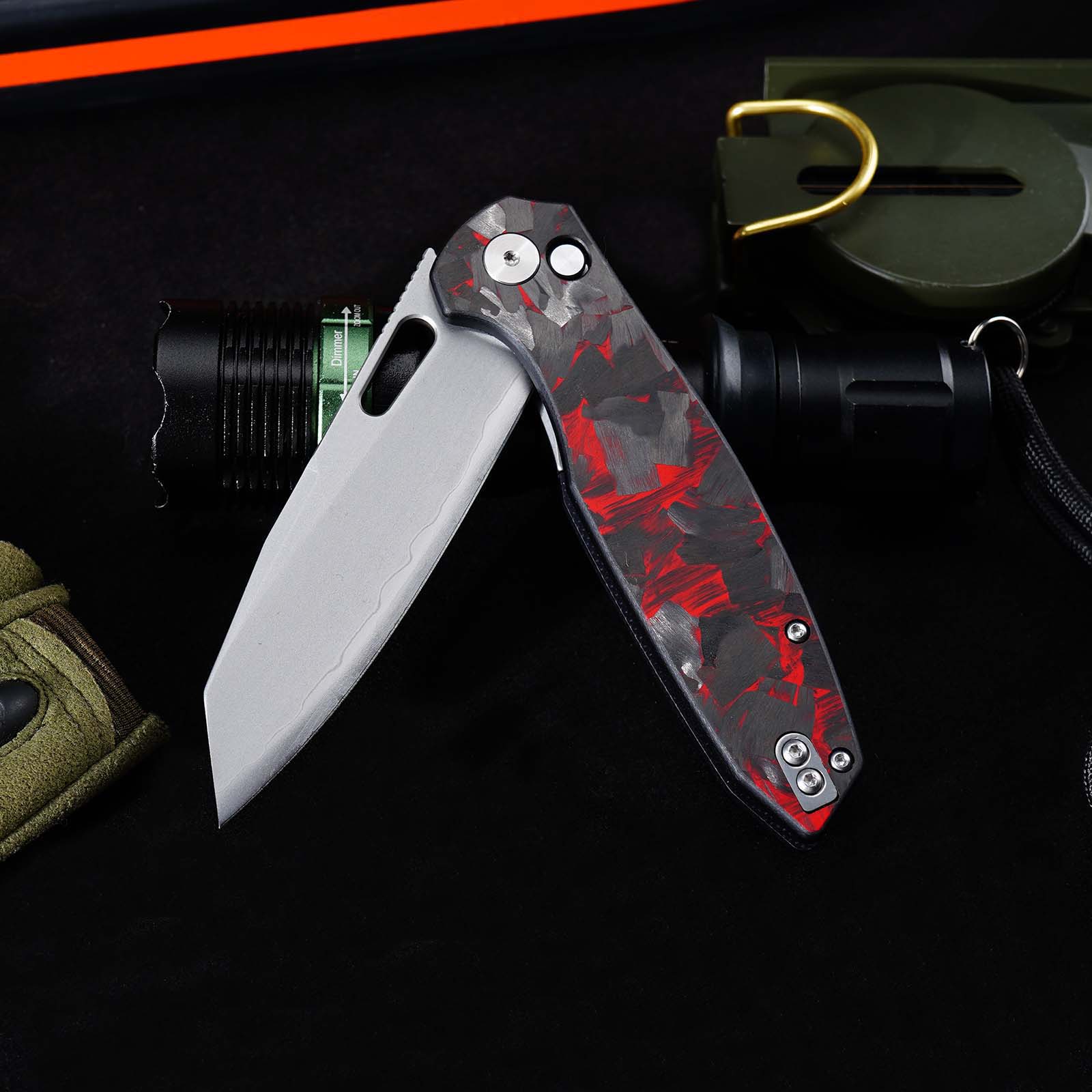 Tunafire GT-T0044-6 Button Lock Folding Knife 60HRC Triple steel Blade Red Carbon fiber Handle EDC Tools