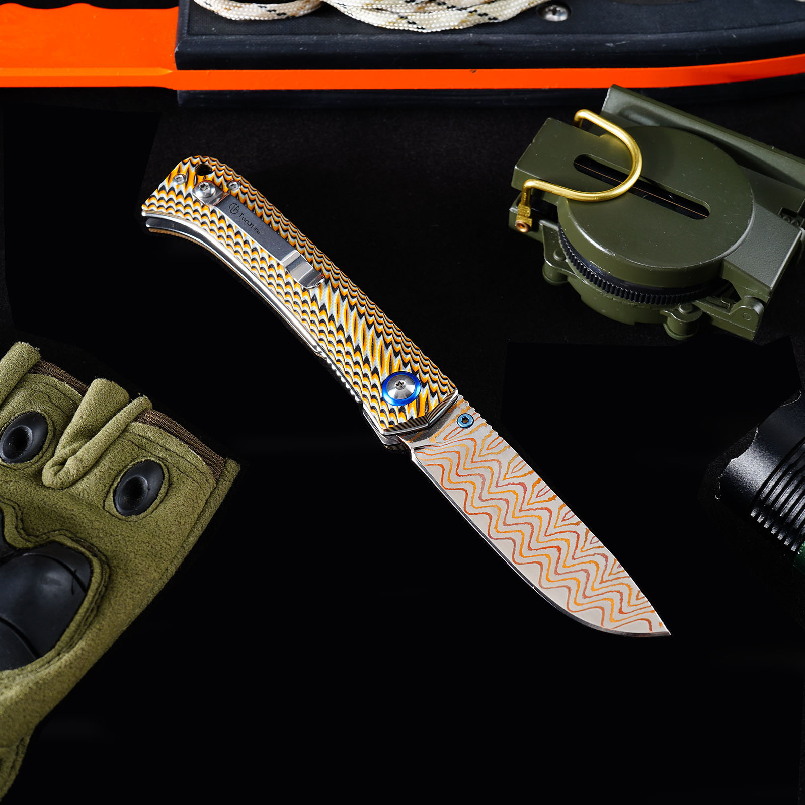 Tunafire GT-DM035-2 Copper Damascus VG10 Core Folding Knife | Colorful G10 Handle Ball Bearing Pocket Knife