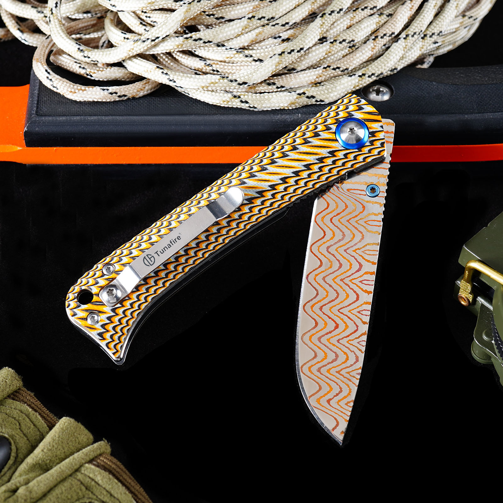 Tunafire GT-DM035-2 Copper Damascus VG10 Core Folding Knife | Colorful G10 Handle Ball Bearing Pocket Knife