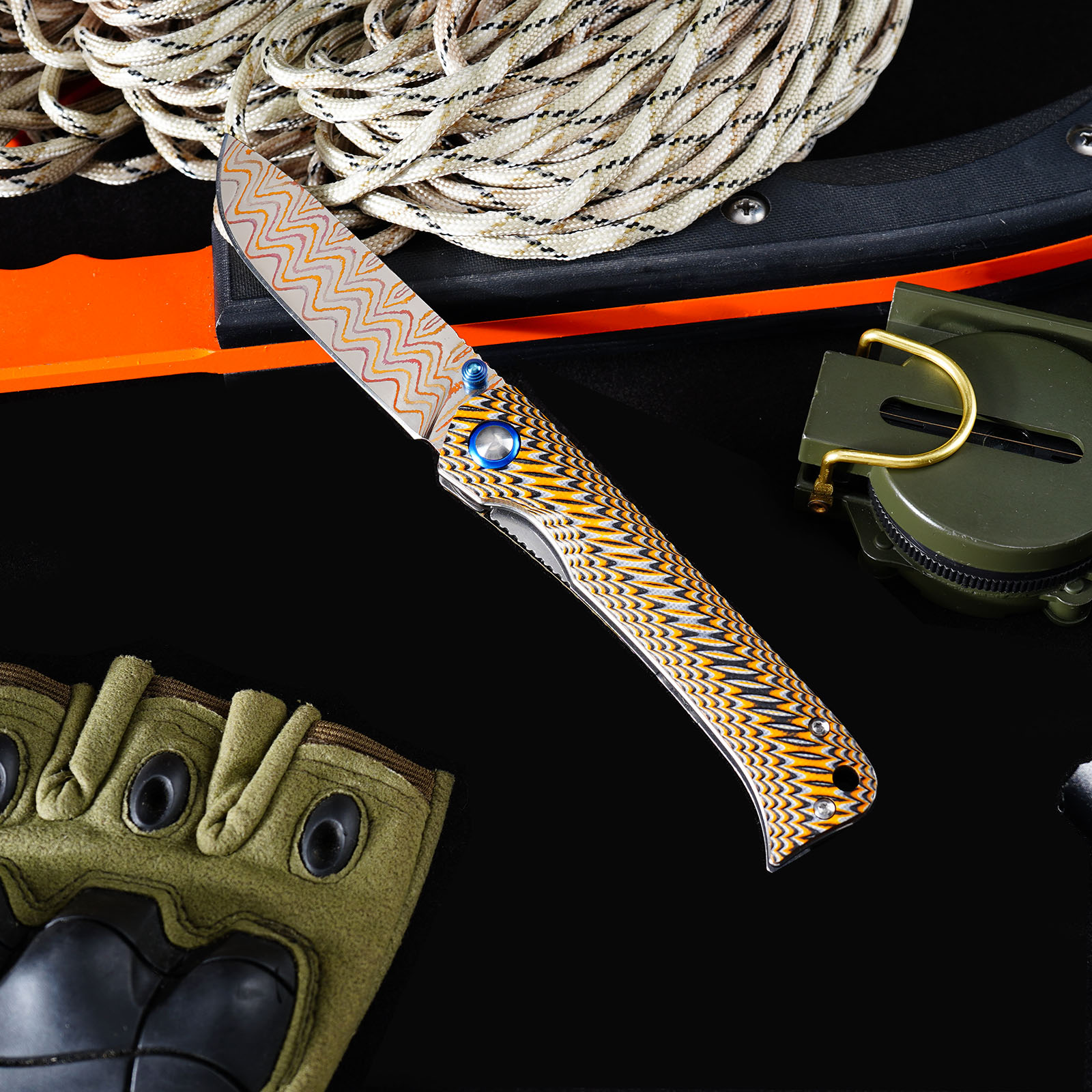 Tunafire GT-DM035-2 Copper Damascus VG10 Core Folding Knife | Colorful G10 Handle Ball Bearing Pocket Knife
