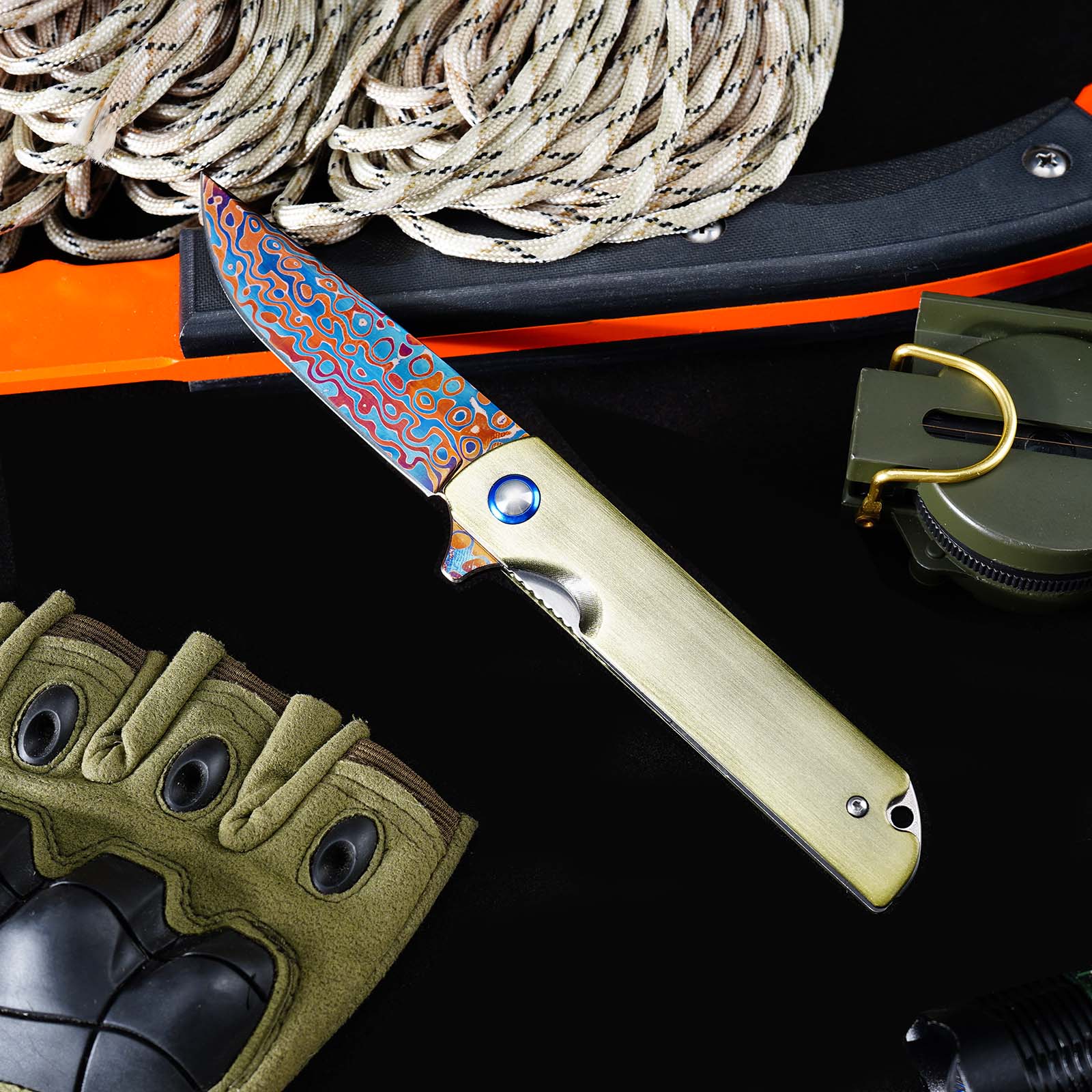 Tunafire GT-DM043 Blue Damascus Folding Knife Ball Bearing Aviation Aluminum Handle 59-60HRC EDC Pocket Knife