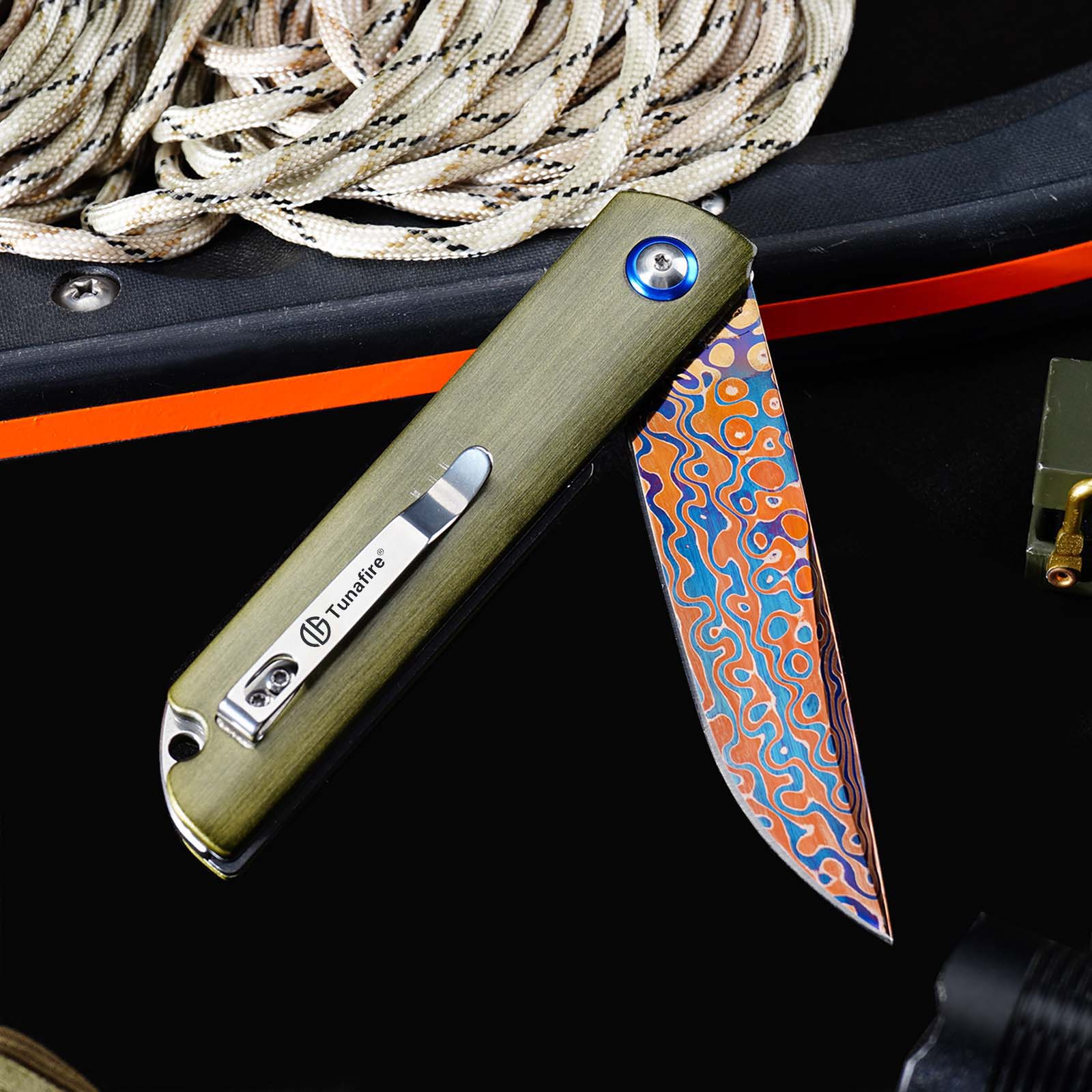 Tunafire GT-DM043 Blue Damascus Folding Knife Ball Bearing Aviation Aluminum Handle 59-60HRC EDC Pocket Knife