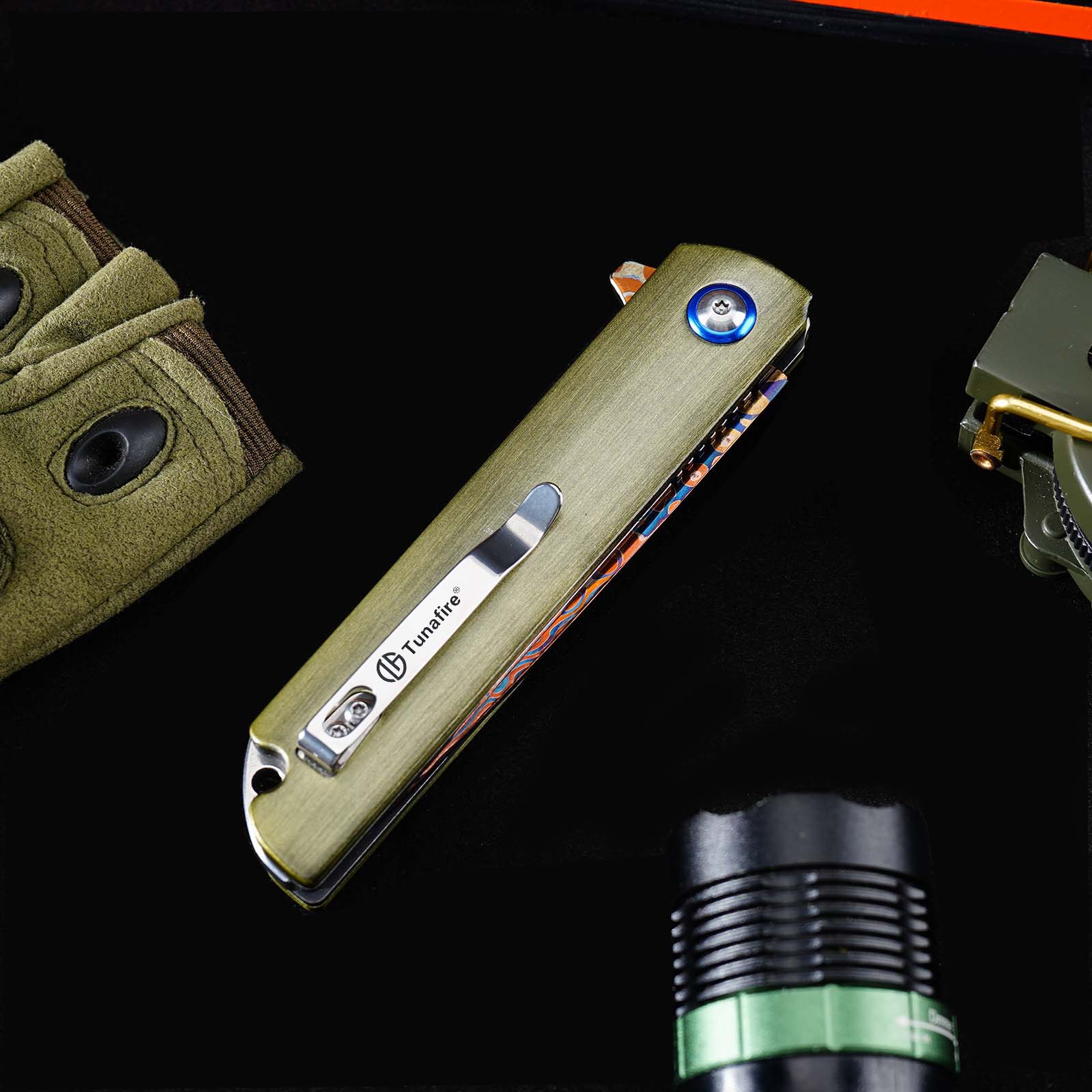 Tunafire GT-DM043 Blue Damascus Folding Knife Ball Bearing Aviation Aluminum Handle 59-60HRC EDC Pocket Knife