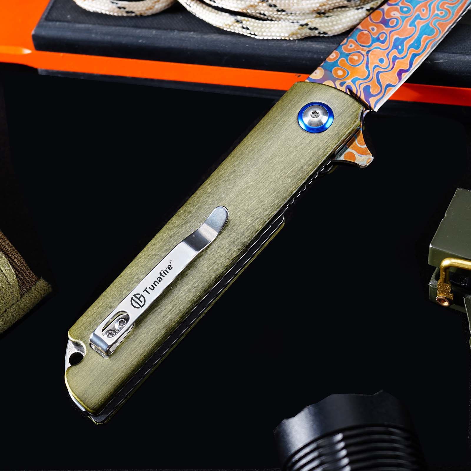 Tunafire GT-DM043 Blue Damascus Folding Knife Ball Bearing Aviation Aluminum Handle 59-60HRC EDC Pocket Knife