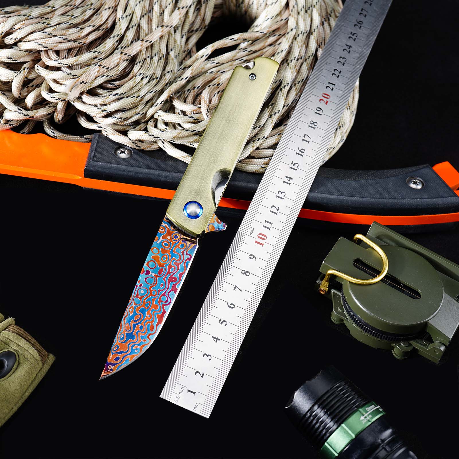 Tunafire GT-DM043 Blue Damascus Folding Knife Ball Bearing Aviation Aluminum Handle 59-60HRC EDC Pocket Knife