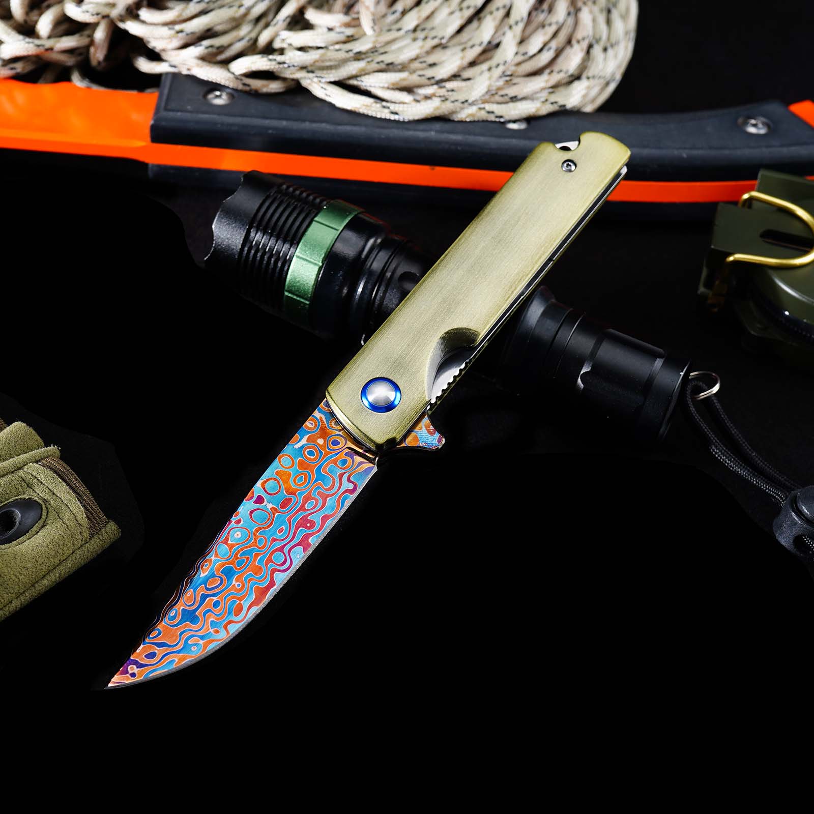 Tunafire GT-DM043 Blue Damascus Folding Knife Ball Bearing Aviation Aluminum Handle 59-60HRC EDC Pocket Knife