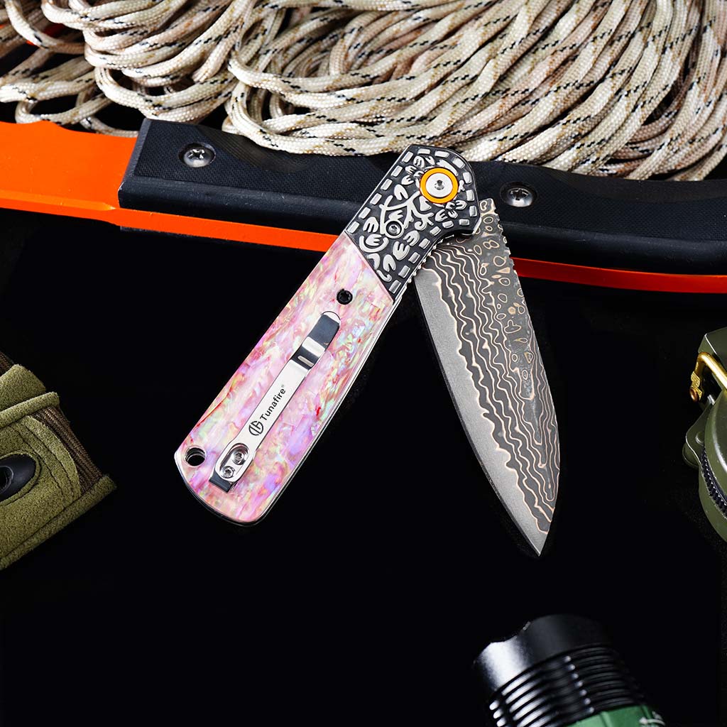 Tunafire Knife GT-DM049 Brass Damascus VG10 Core Pocket Knife Pastel Beads Handle Ball Bearing EDC Utility Knife Camping Knife Gift
