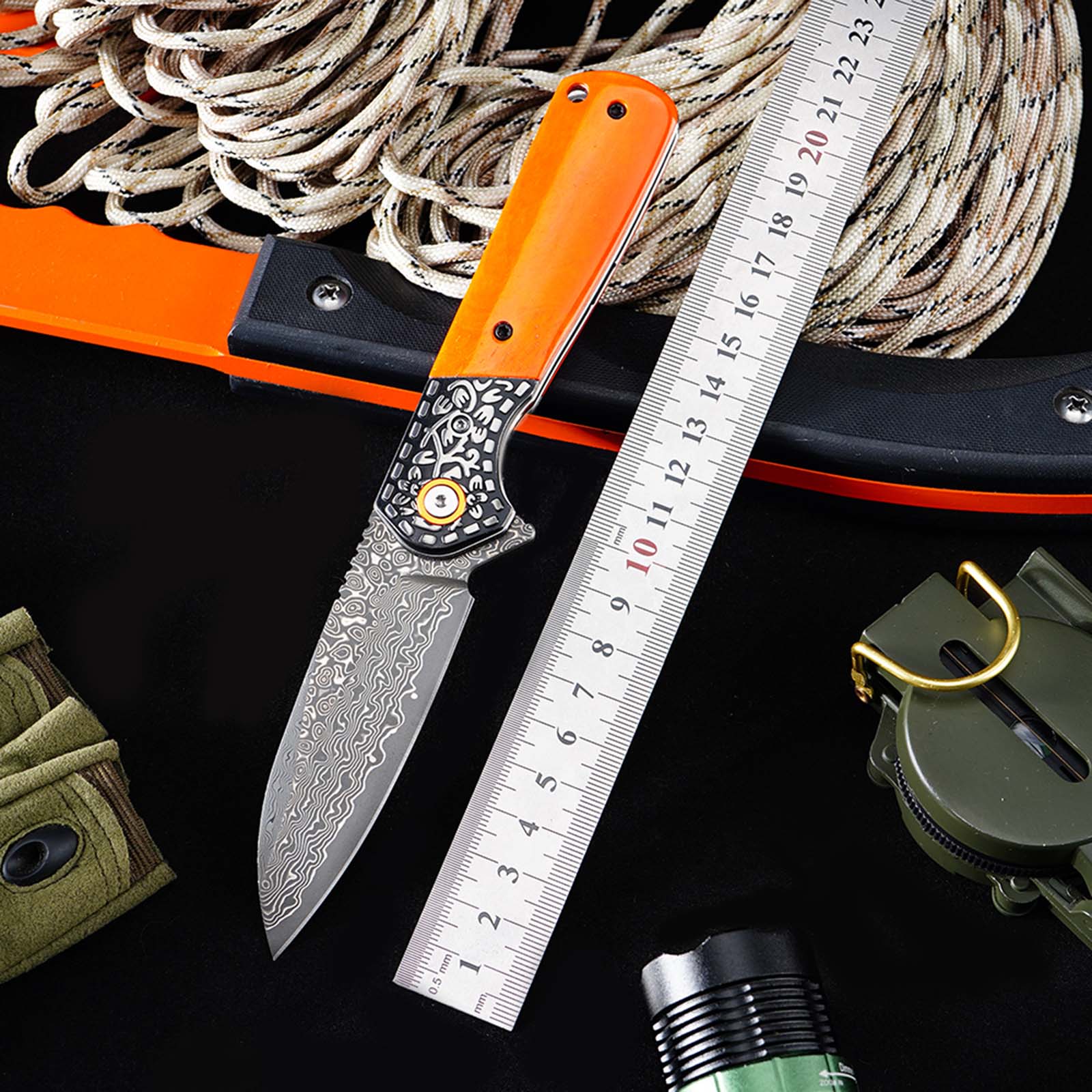 Tunafire Knives Flipper Folding Knife 3.31" Damascus Blade Orange Bone Handle Camping Hiking Pocket Knife GT-DM050