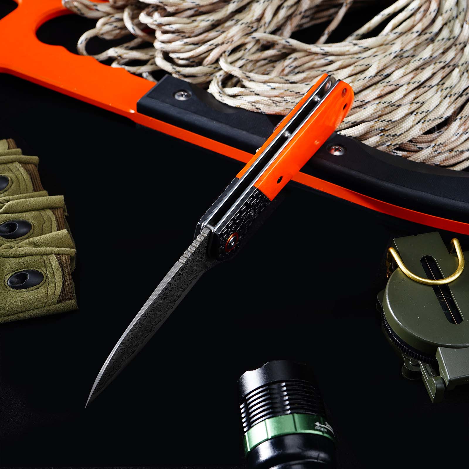 Tunafire Knives Flipper Folding Knife 3.31" Damascus Blade Orange Bone Handle Camping Hiking Pocket Knife GT-DM050