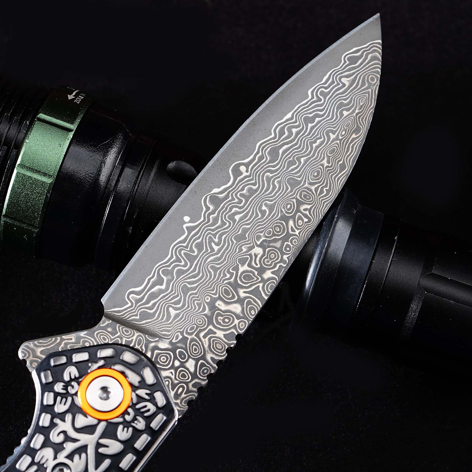 Tunafire Knives Flipper Folding Knife 3.31" Damascus Blade Orange Bone Handle Camping Hiking Pocket Knife GT-DM050
