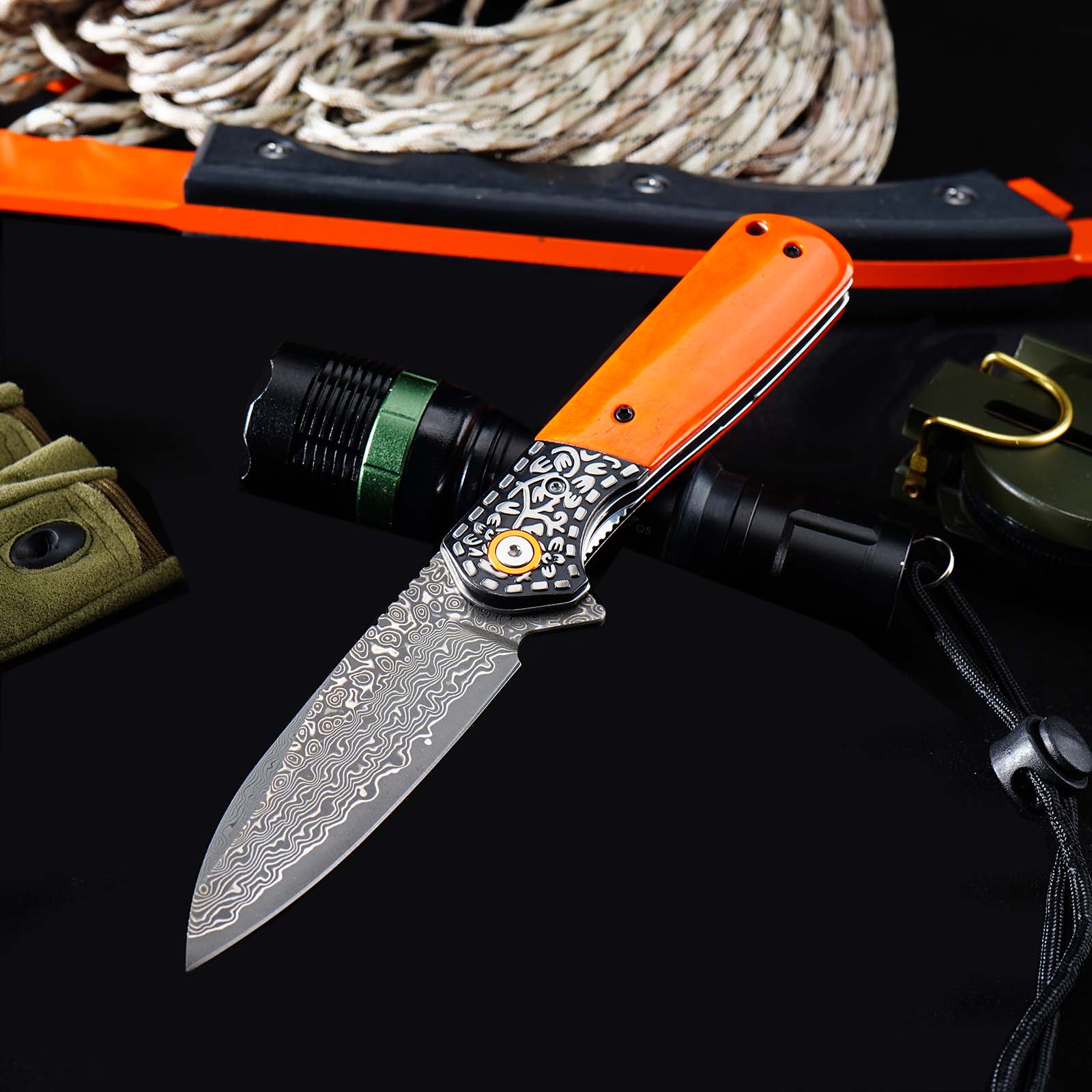 Tunafire Knives Flipper Folding Knife 3.31" Damascus Blade Orange Bone Handle Camping Hiking Pocket Knife GT-DM050