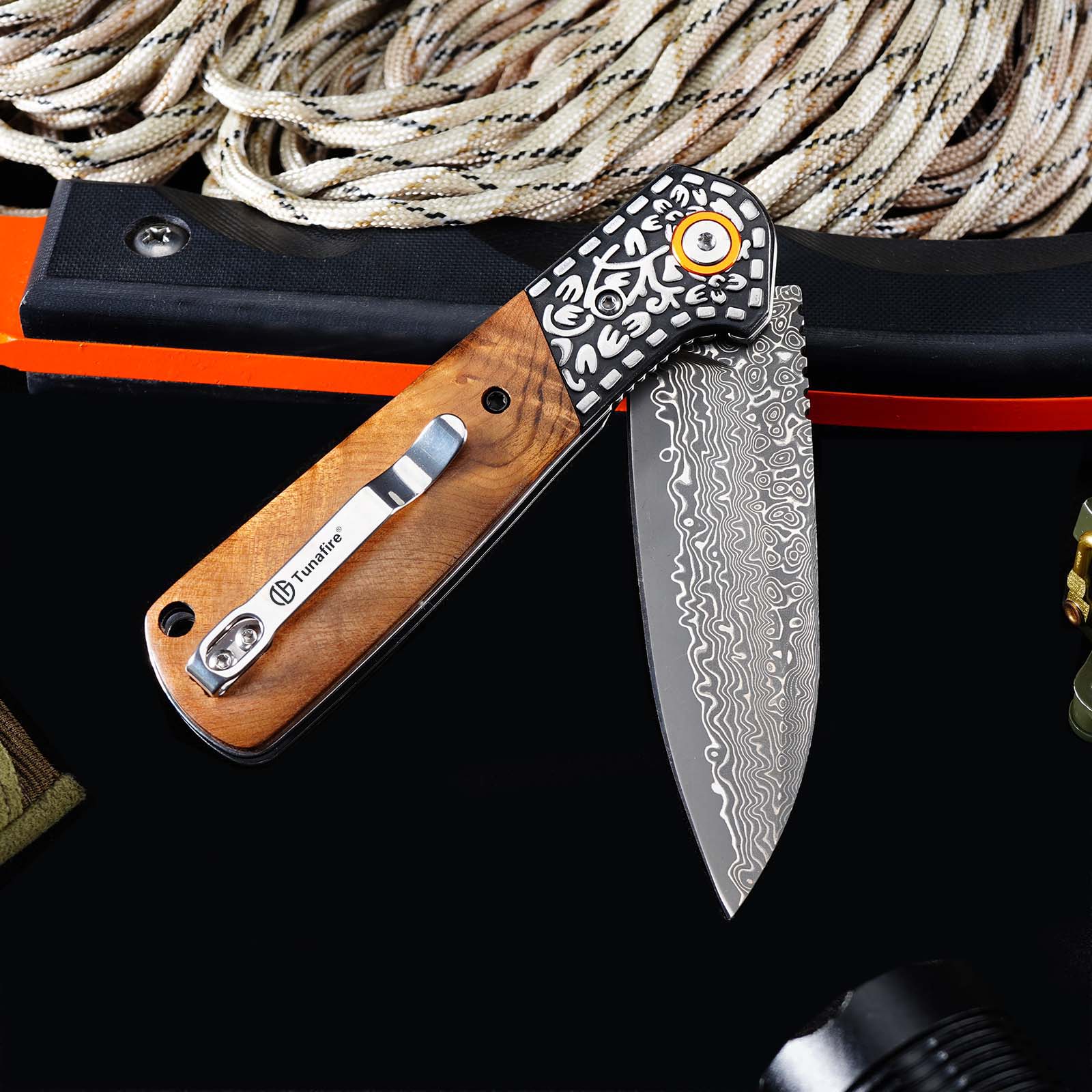 Tunafire GT-DM050 EDC Pocket Folding Knife Ebony Wood Handle 3.31"Damascus Steel Blade Outdoor Survival Tool