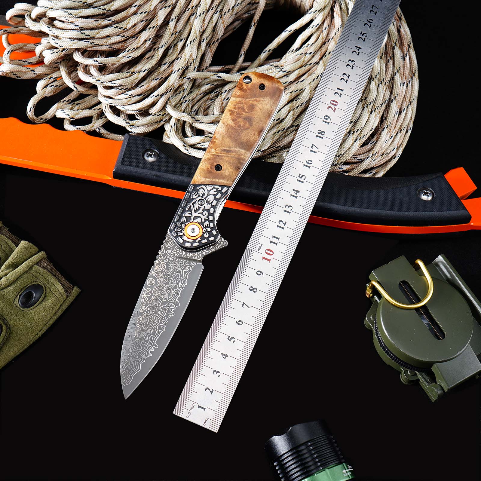 Tunafire GT-DM050 EDC Pocket Folding Knife Ebony Wood Handle 3.31"Damascus Steel Blade Outdoor Survival Tool