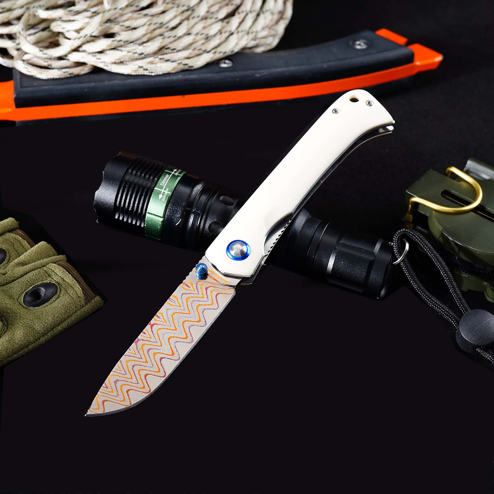 Tunafire Knife 3.19" Copper Damascus Folding Knife VG10 Core Bull Bone Handle Ball Bearing EDC Pocket Knife GT-DM035