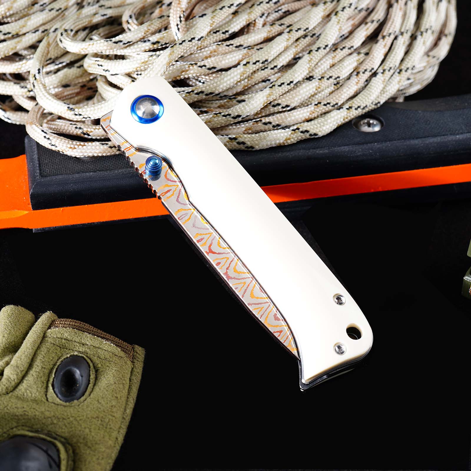 Tunafire Knife 3.19" Copper Damascus Folding Knife VG10 Core Bull Bone Handle Ball Bearing EDC Pocket Knife GT-DM035