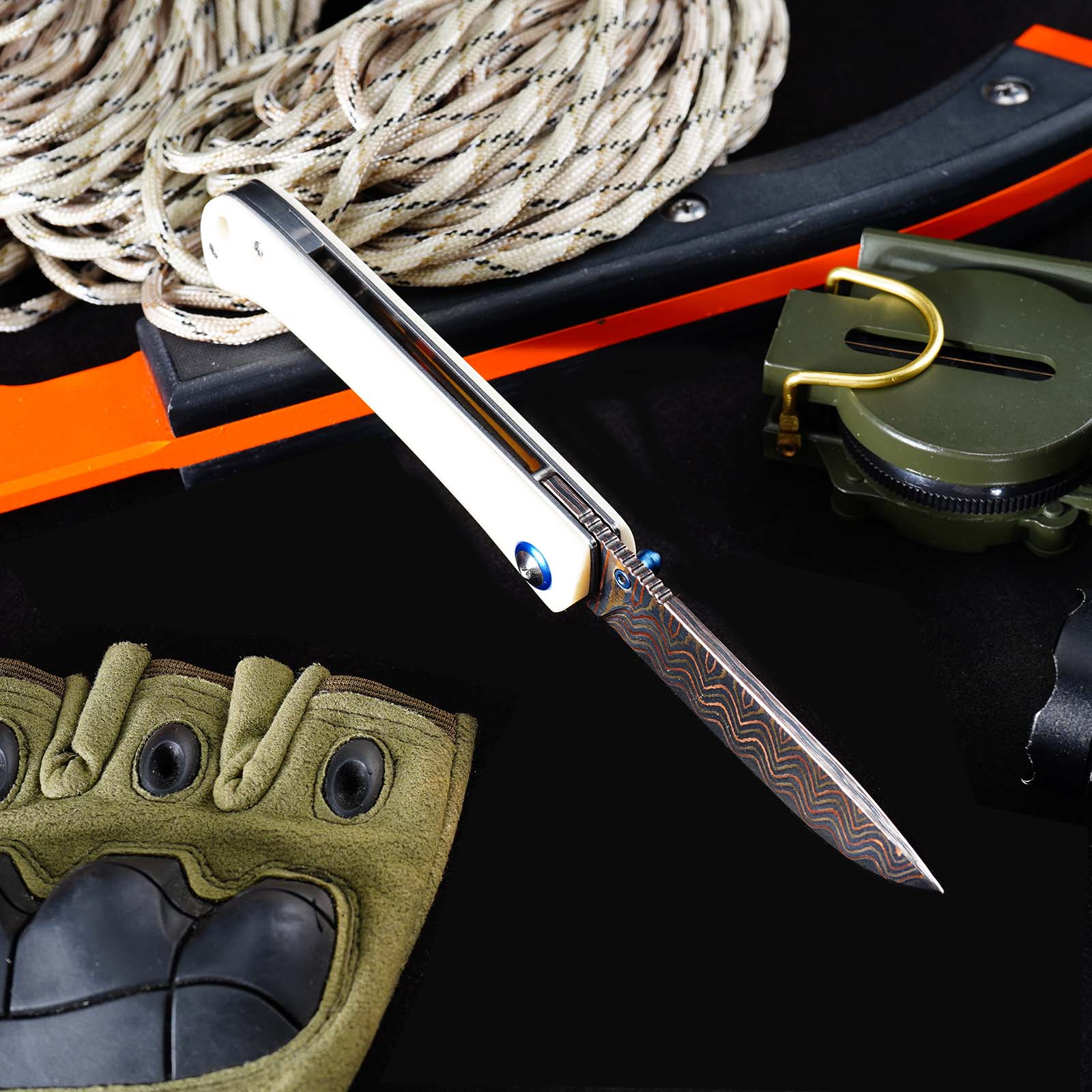 Tunafire Knife 3.19" Copper Damascus Folding Knife VG10 Core Bull Bone Handle Ball Bearing EDC Pocket Knife GT-DM035