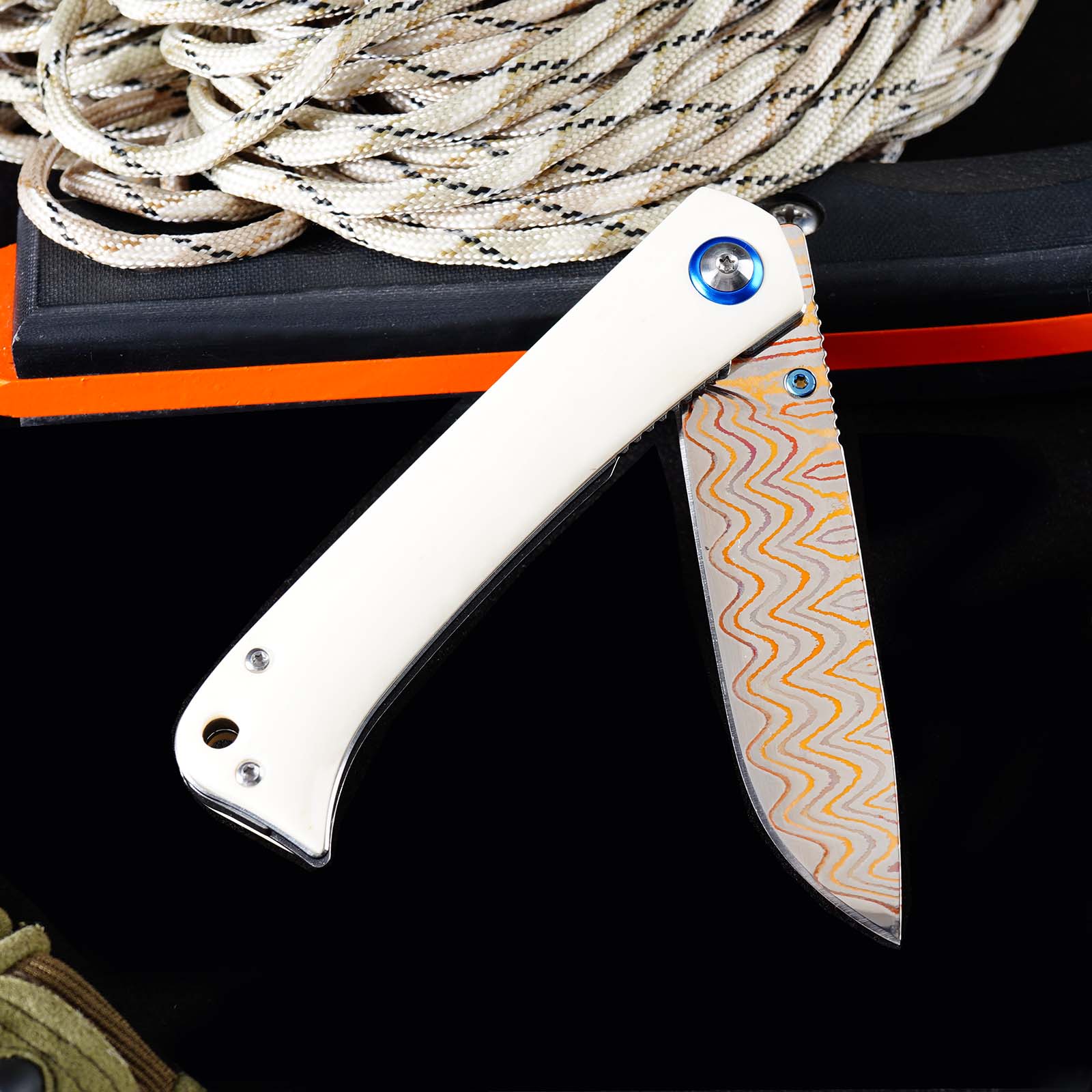 Tunafire Knife 3.19" Copper Damascus Folding Knife VG10 Core Bull Bone Handle Ball Bearing EDC Pocket Knife GT-DM035