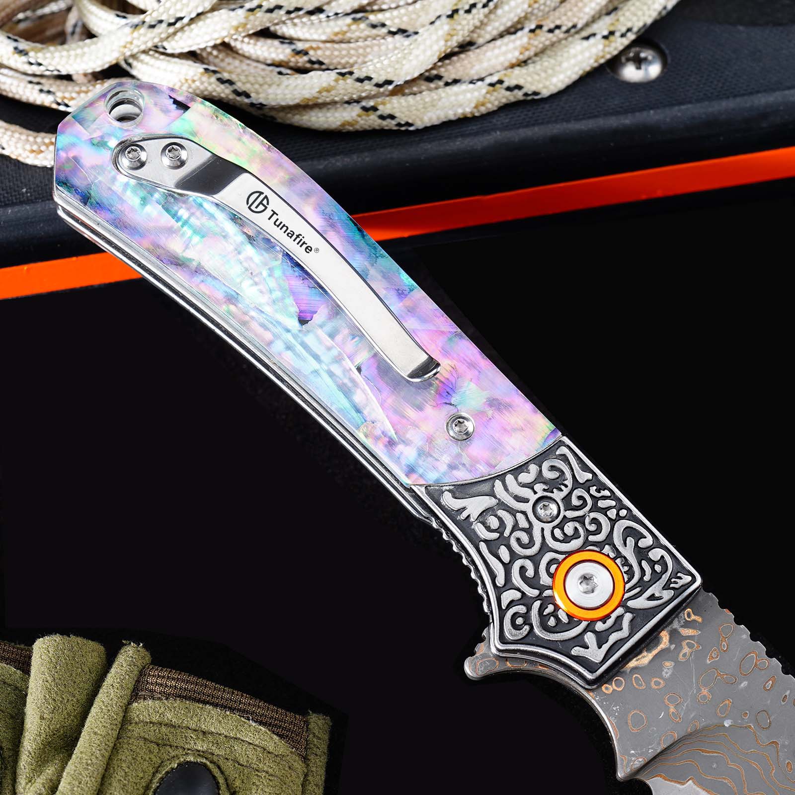 Tunafire GT-DM044 3.35" VG10 Bronze Damascus Folding Knife Abalone Shell Handle Ball Bearing EDC Knife