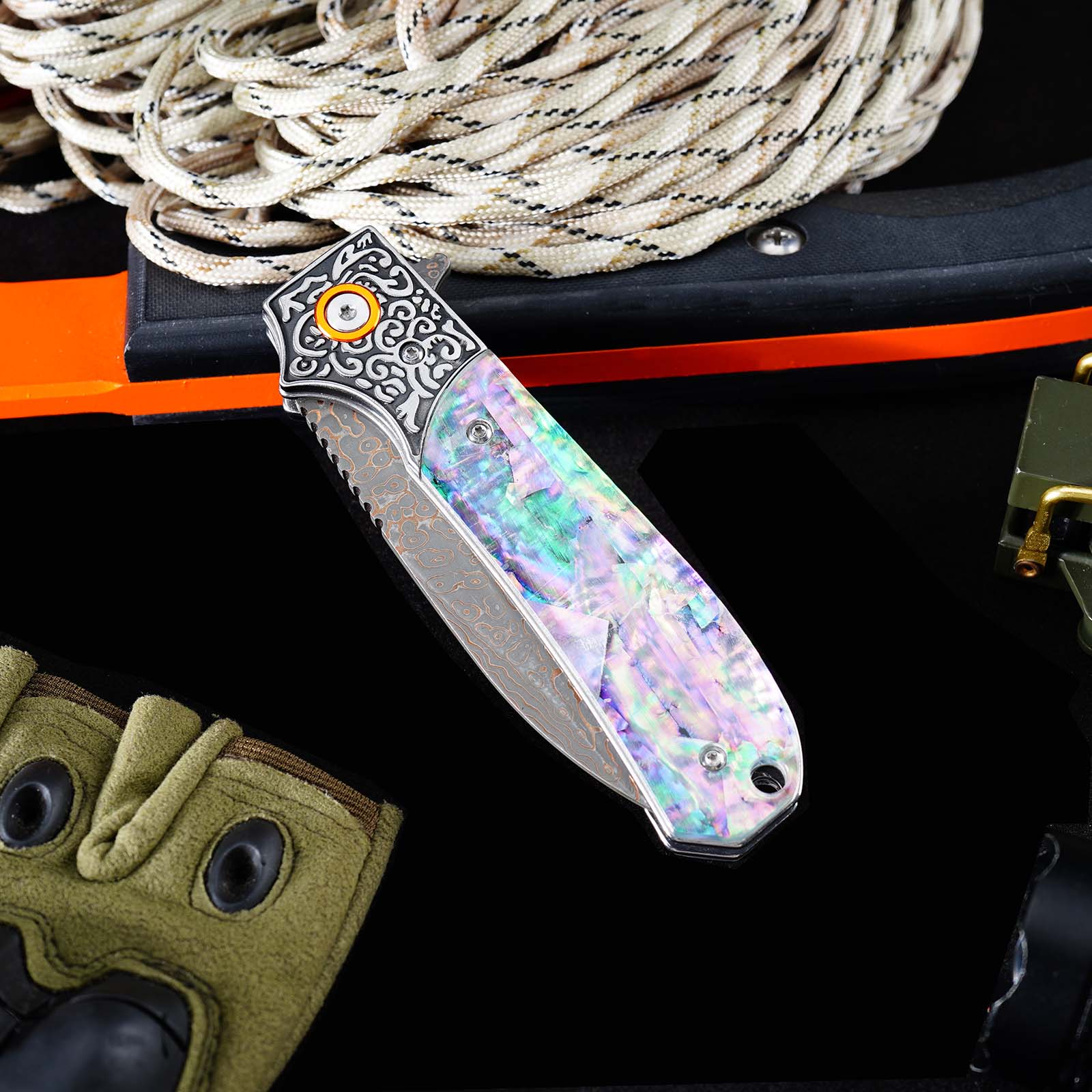 Tunafire GT-DM044 3.35" VG10 Bronze Damascus Folding Knife Abalone Shell Handle Ball Bearing EDC Knife