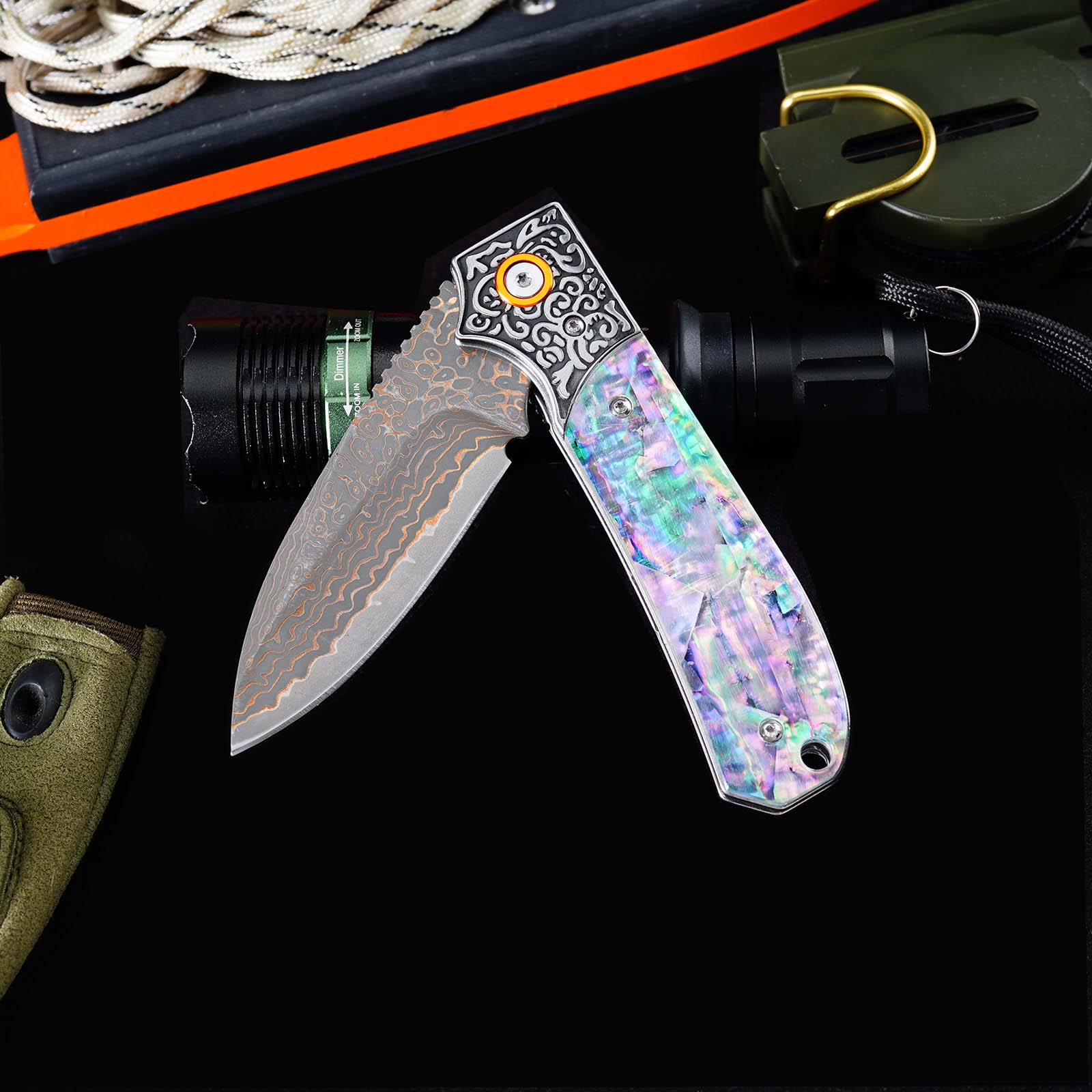 Tunafire GT-DM044 3.35" VG10 Bronze Damascus Folding Knife Abalone Shell Handle Ball Bearing EDC Knife